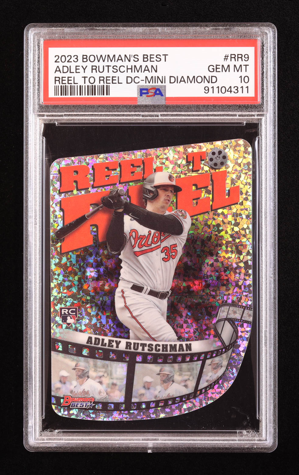 Adley Rutschman 2023 Bowman's Best Reel to Reel Die Cut Mini Diamond Refractors #RR9 RC (PSA 10) at PristineAuction.com Adley Rutschman 2023 Bowman's Best Reel to Reel Die Cut Mini Diamond Refractors #RR9 RC (PSA 10) at PristineAuction.com