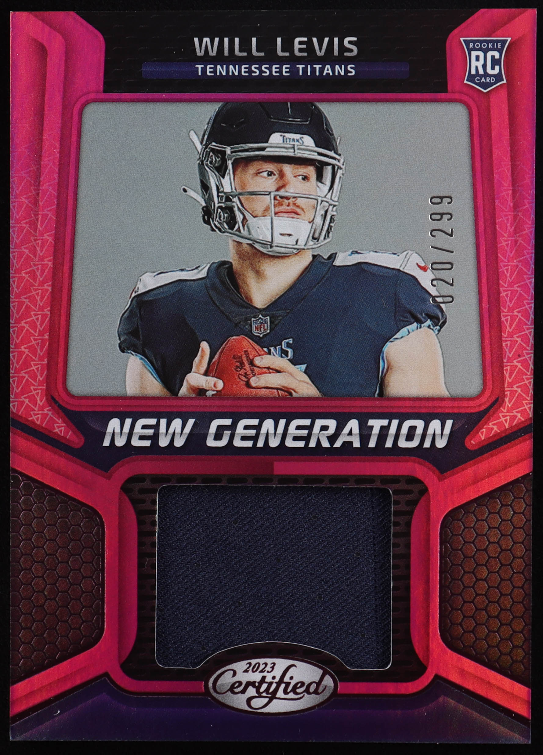Will Levis 2023 Panini Certified New Generation Jerseys Mirror Pink #39 RC #020/299 at PristineAuction.com Will Levis 2023 Panini Certified New Generation Jerseys Mirror Pink #39 RC #020/299 at PristineAuction.com