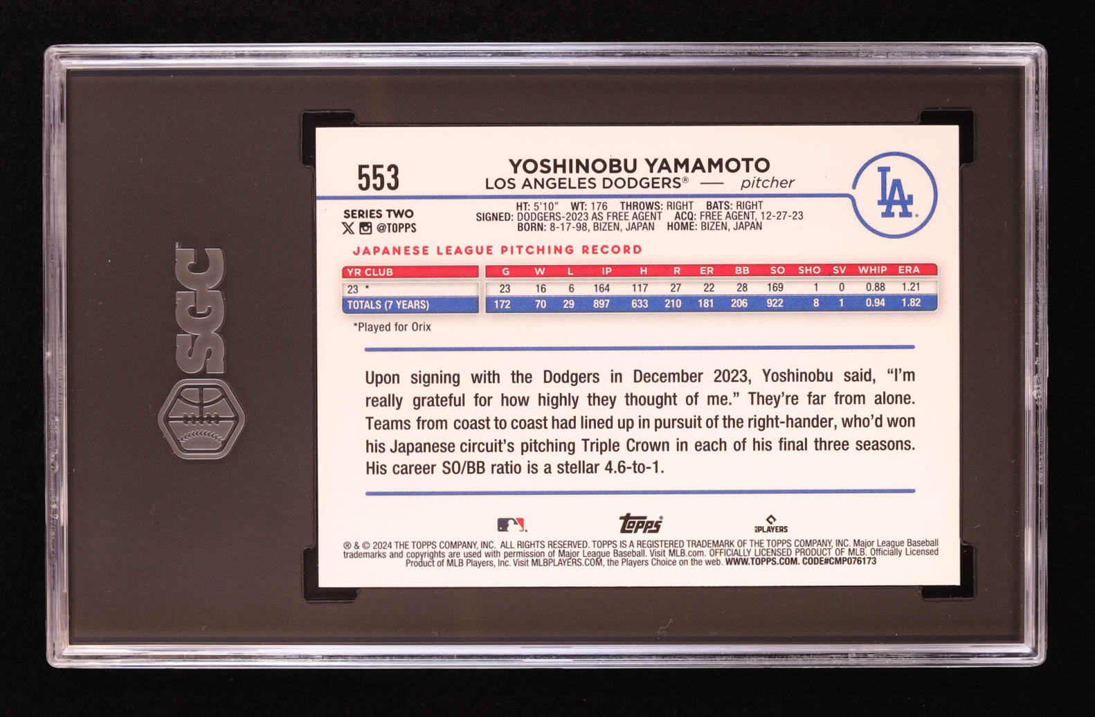Yoshinobu Yamamoto 2024 Topps #553 RC (SGC 10) at PristineAuction.com Yoshinobu Yamamoto 2024 Topps #553 RC (SGC 10) at PristineAuction.com
