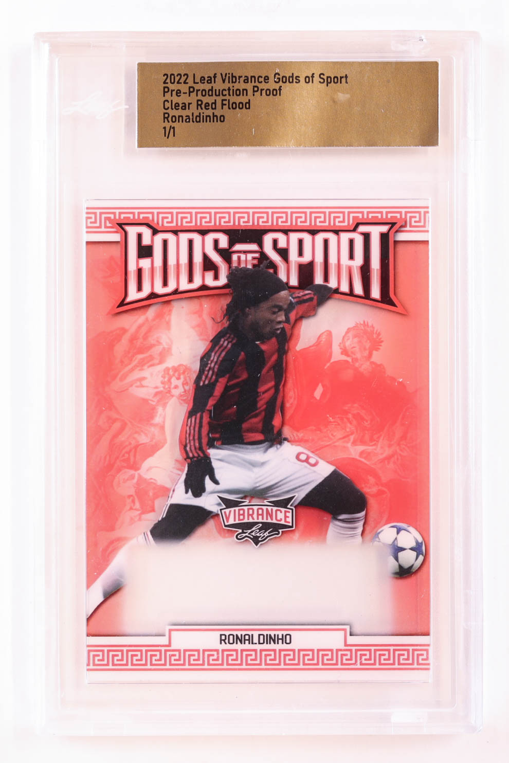 Ronaldinho 2022 Leaf Vibrance Gods of Sport Pre-Production Proof Clear Red Flood #1/1 (Leaf) at PristineAuction.com Ronaldinho 2022 Leaf Vibrance Gods of Sport Pre-Production Proof Clear Red Flood #1/1 (Leaf) at PristineAuction.com