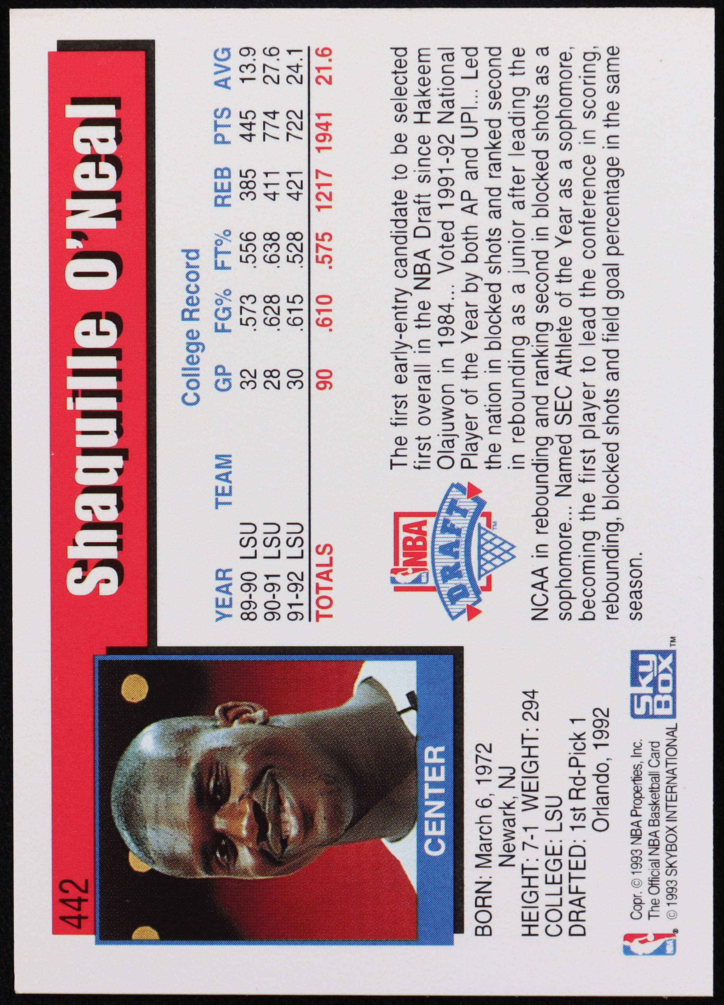 Shaquille O'Neal 1992-93 Hoops #442 RC at PristineAuction.com Shaquille O'Neal 1992-93 Hoops #442 RC at PristineAuction.com
