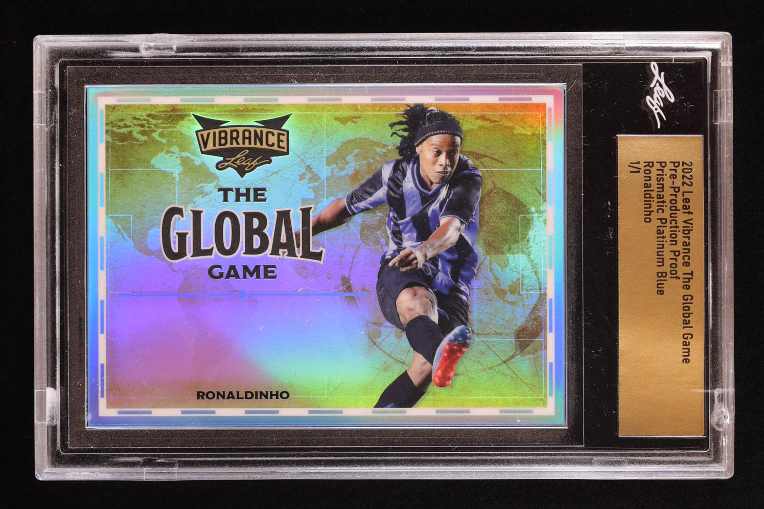 Ronaldinho 2022 Leaf Vibrance The Global Game Pre-Production Proof Prismatic Platinum Blue #1/1 (Leaf) at PristineAuction.com Ronaldinho 2022 Leaf Vibrance The Global Game Pre-Production Proof Prismatic Platinum Blue #1/1 (Leaf) at PristineAuction.com