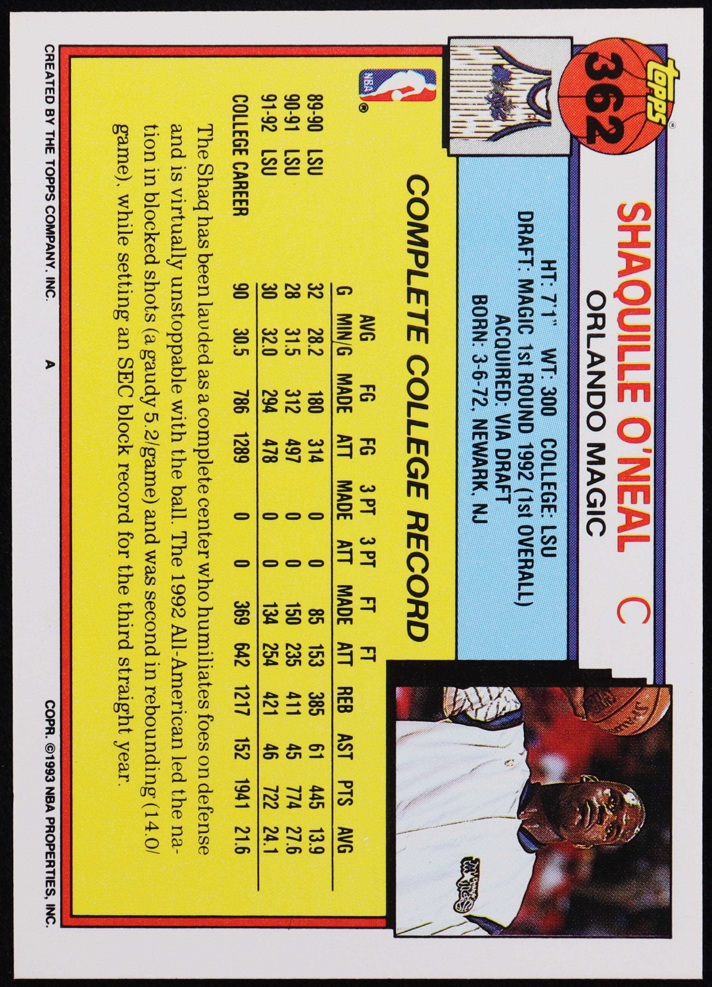Shaquille O'Neal 1992-93 Topps #362 RC at PristineAuction.com Shaquille O'Neal 1992-93 Topps #362 RC at PristineAuction.com