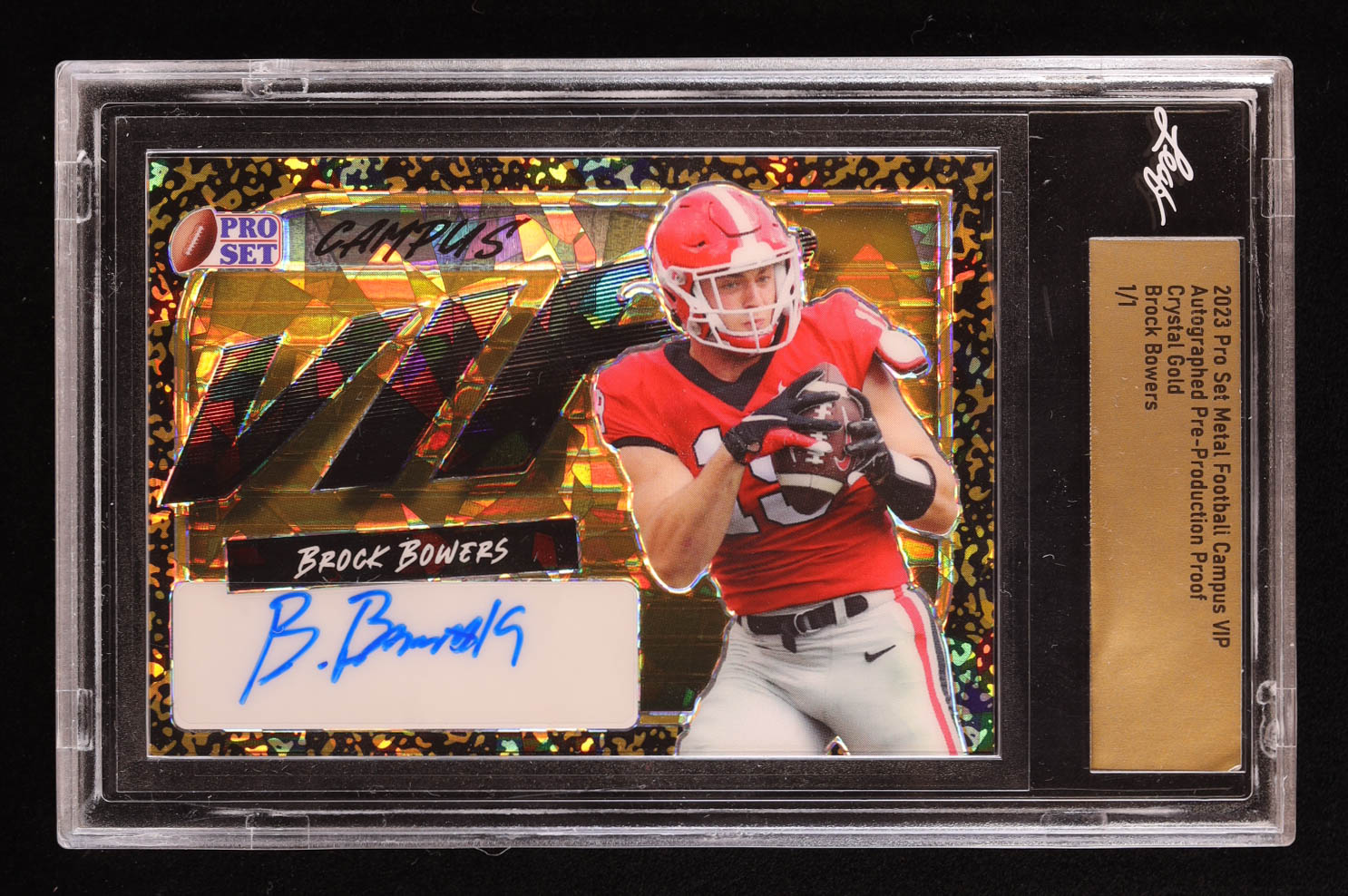 Brock Bowers 2023 Pro Set Metal Football Campus VIP Autographed Pre-Production Proof Crystal Gold #1/1 RC (Leaf) at PristineAuction.com Brock Bowers 2023 Pro Set Metal Football Campus VIP Autographed Pre-Production Proof Crystal Gold #1/1 RC (Leaf) at PristineAuction.com