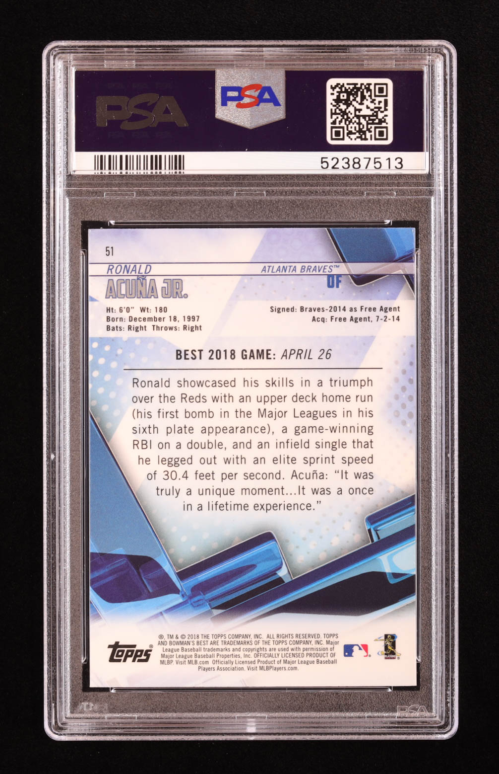 Ronald Acuna Jr. 2018 Bowman's Best #51 RC (PSA 10) at PristineAuction.com Ronald Acuna Jr. 2018 Bowman's Best #51 RC (PSA 10) at PristineAuction.com