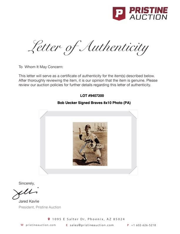 Bob Uecker Signed Braves 8x10 Photo (PA) at PristineAuction.com Bob Uecker Signed Braves 8x10 Photo (PA) at PristineAuction.com