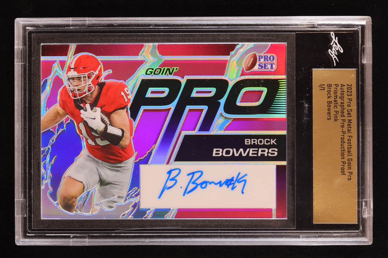 Brock Bowers 2023 Pro Set Metal Football Goin' Pro Autographed Pre-Production Proof Prismatic Pink #1/1 RC (Leaf) at PristineAuction.com Brock Bowers 2023 Pro Set Metal Football Goin' Pro Autographed Pre-Production Proof Prismatic Pink #1/1 RC (Leaf) at PristineAuction.com