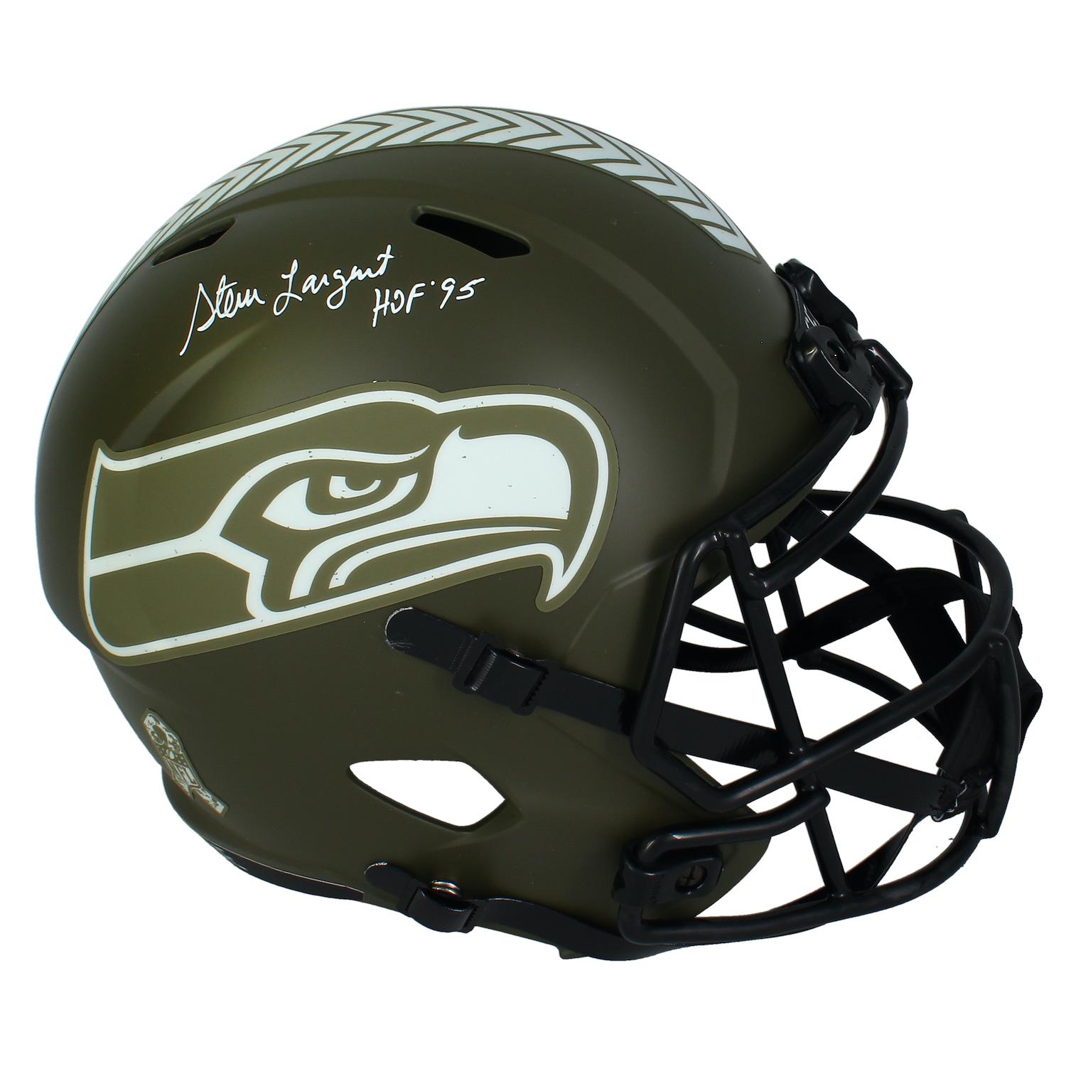 Steve Largent Signed Seahawks Full-Size Salute to Service Alternate Speed Helmet Inscribed "HOF 95" (Beckett) at PristineAuction.com Steve Largent Signed Seahawks Full-Size Salute to Service Alternate Speed Helmet Inscribed "HOF 95" (Beckett) at PristineAuction.com