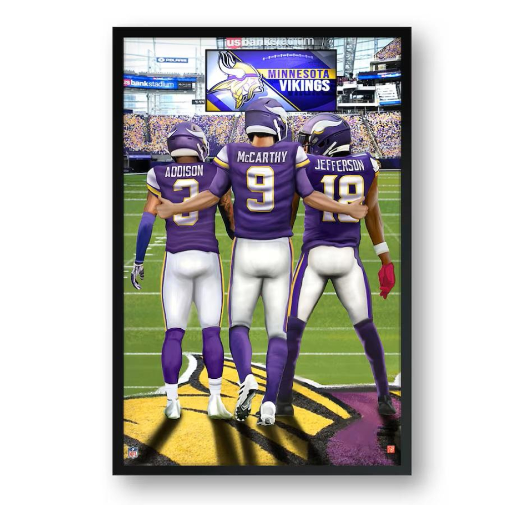 J.J. McCarthy, Jordan Addison & Justin Jefferson Vikings Custom Framed Print at PristineAuction.com J.J. McCarthy, Jordan Addison & Justin Jefferson Vikings Custom Framed Print at PristineAuction.com