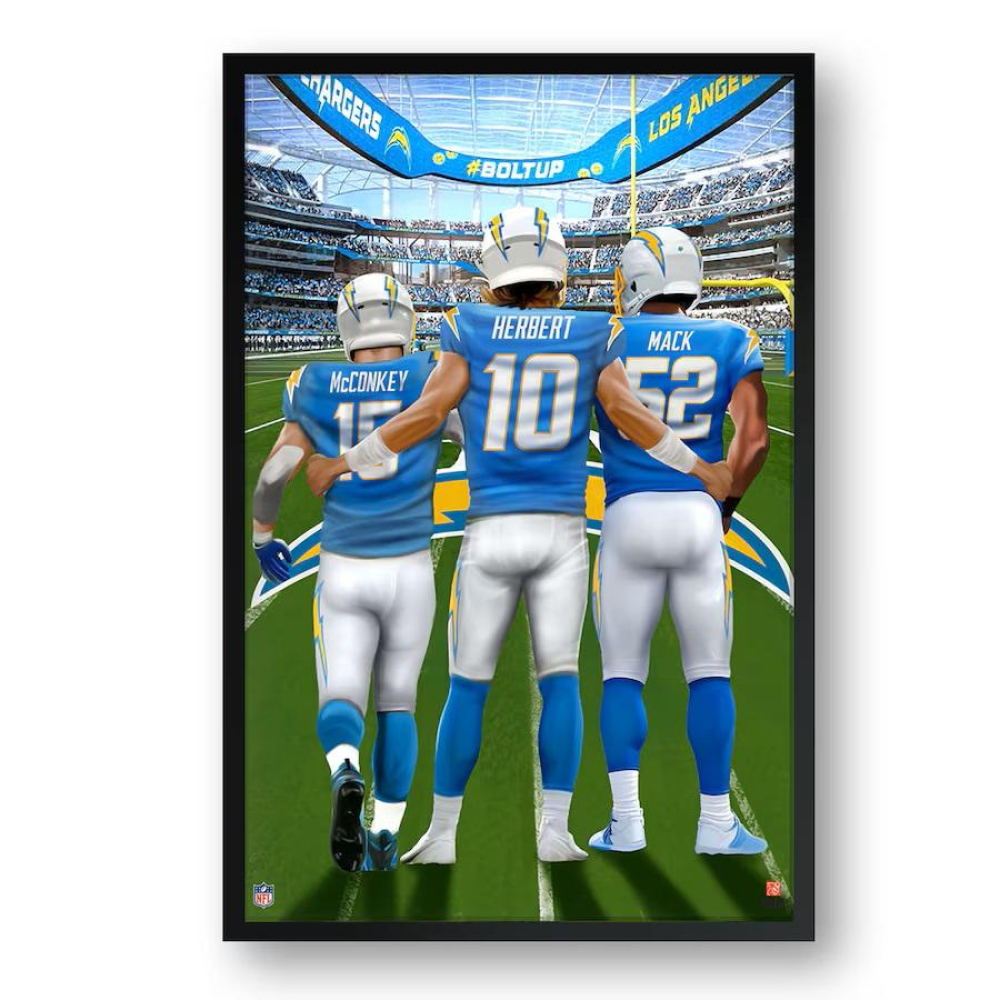 Justin Herbert, Khalil Mack & Ladd McConkey Chargers Custom Framed Print at PristineAuction.com Justin Herbert, Khalil Mack & Ladd McConkey Chargers Custom Framed Print at PristineAuction.com