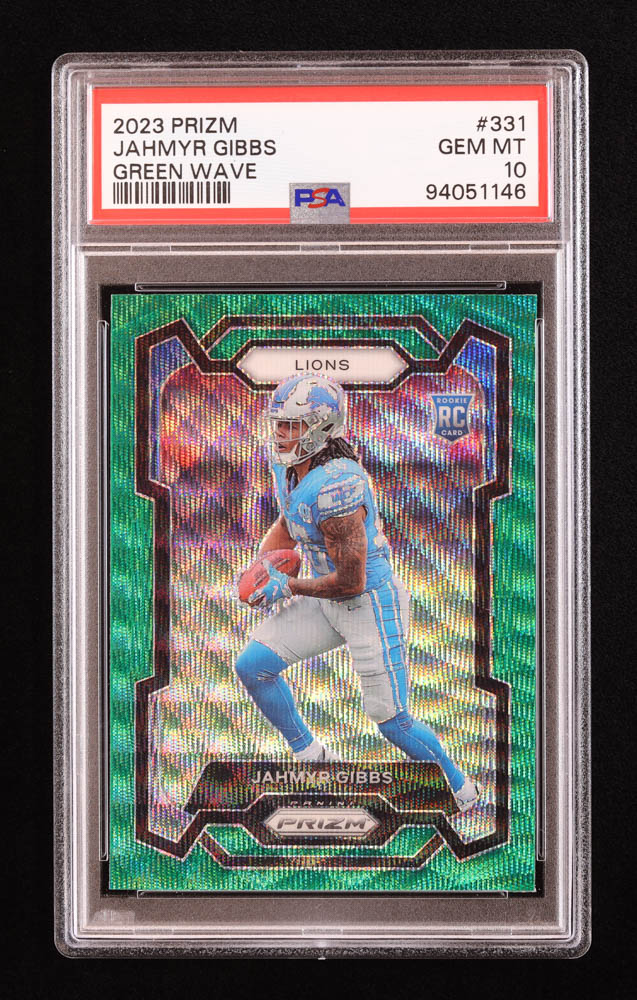 Jahmyr Gibbs 2023 Panini Prizm Prizms Green Wave #331 RC (PSA 10) at PristineAuction.com Jahmyr Gibbs 2023 Panini Prizm Prizms Green Wave #331 RC (PSA 10) at PristineAuction.com
