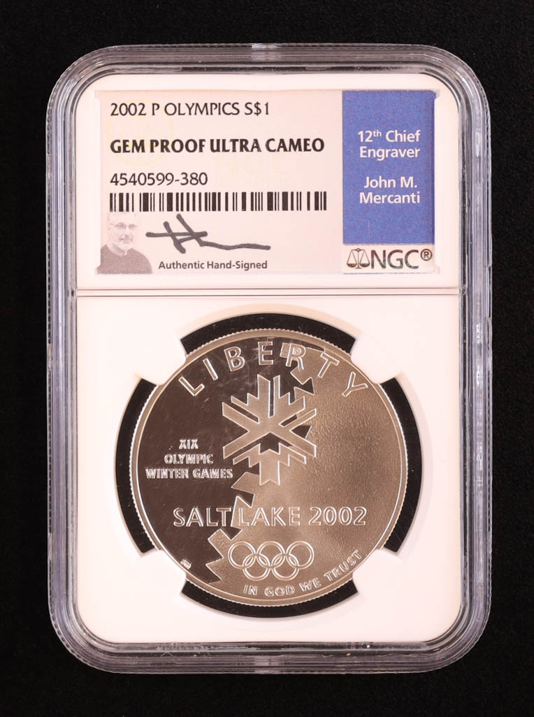 2002-P Salt Lake Olympics Bicentennial Commemorative Silver Dollar with John M. Mercanti Autograph (NGC Gem Proof Ultra Cameo) at PristineAuction.com 2002-P Salt Lake Olympics Bicentennial Commemorative Silver Dollar with John M. Mercanti Autograph (NGC Gem Proof Ultra Cameo) at PristineAuction.com