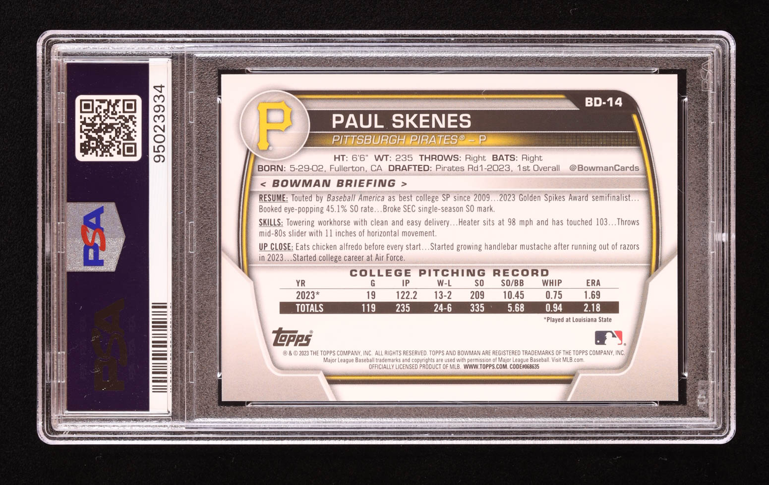 Paul Skenes 2023 Bowman Draft #BD14 RC (PSA 10) at PristineAuction.com Paul Skenes 2023 Bowman Draft #BD14 RC (PSA 10) at PristineAuction.com
