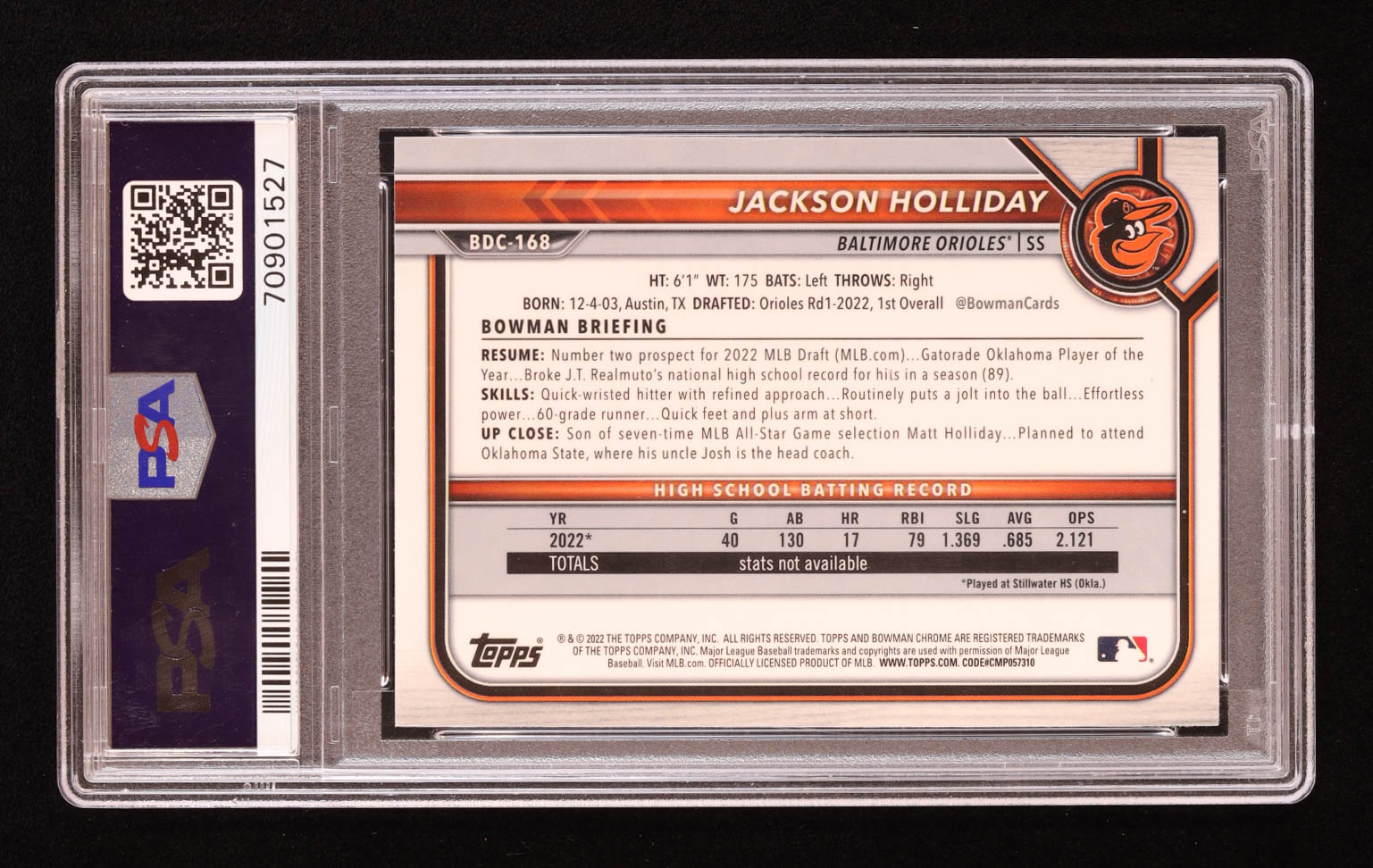 Jackson Holliday 2022 Bowman Chrome Draft #BDC168 RC (PSA 10) at PristineAuction.com Jackson Holliday 2022 Bowman Chrome Draft #BDC168 RC (PSA 10) at PristineAuction.com