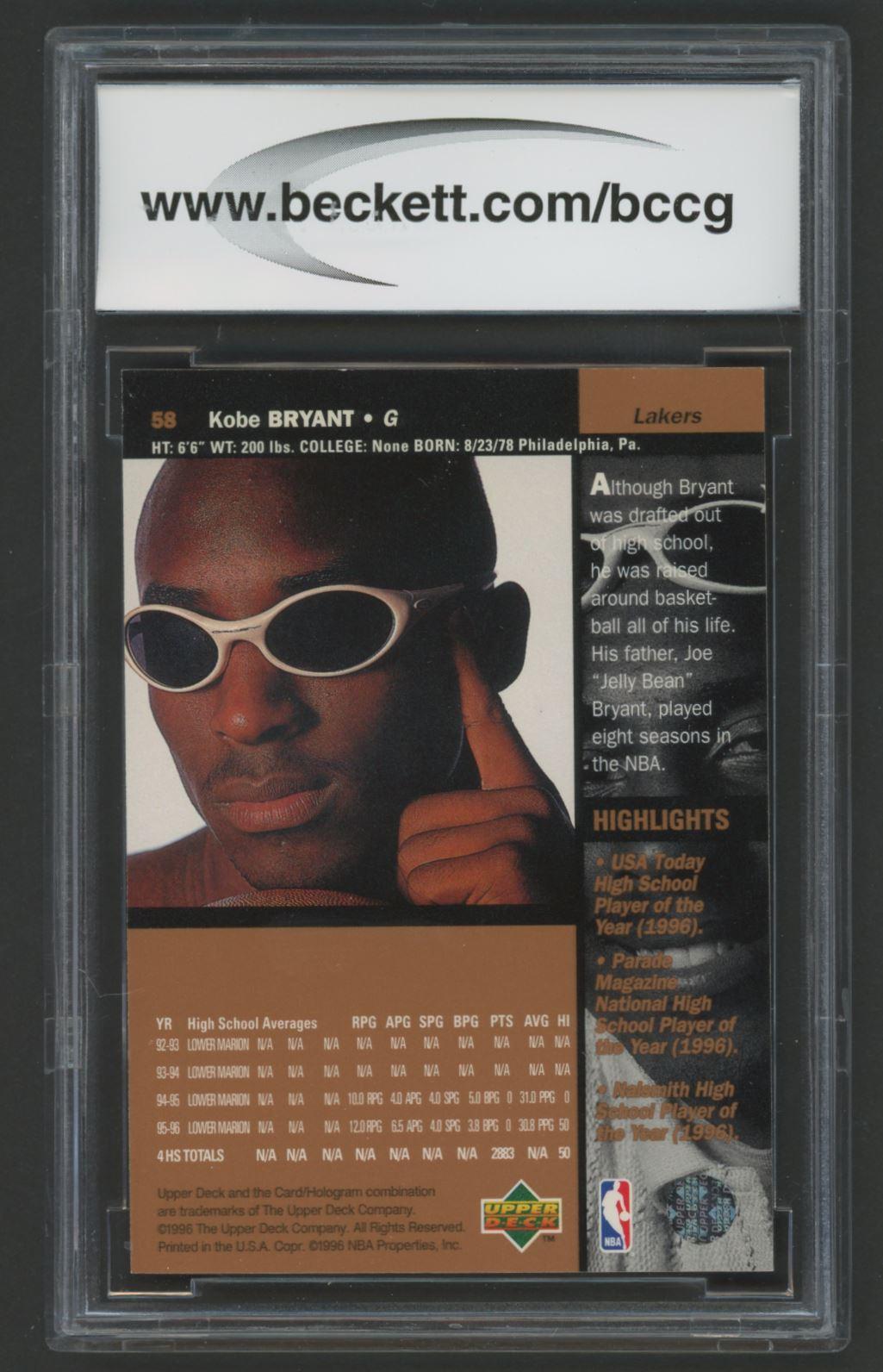 Kobe Bryant 1996-97 Upper Deck #58 RC (BCCG 10) at PristineAuction.com Kobe Bryant 1996-97 Upper Deck #58 RC (BCCG 10) at PristineAuction.com