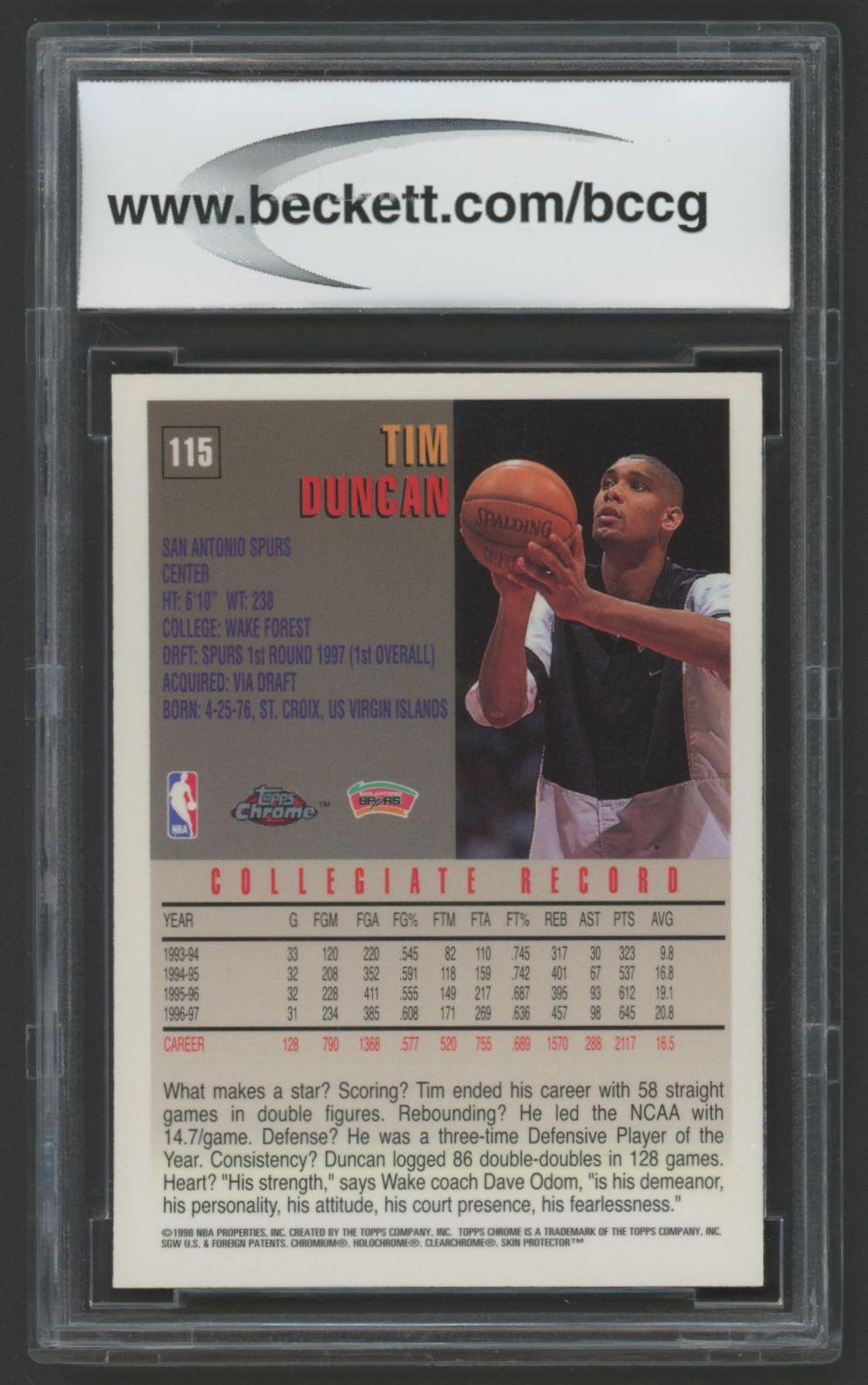 Tim Duncan 1997-98 Topps Chrome #115 RC (BCCG 9) at PristineAuction.com Tim Duncan 1997-98 Topps Chrome #115 RC (BCCG 9) at PristineAuction.com