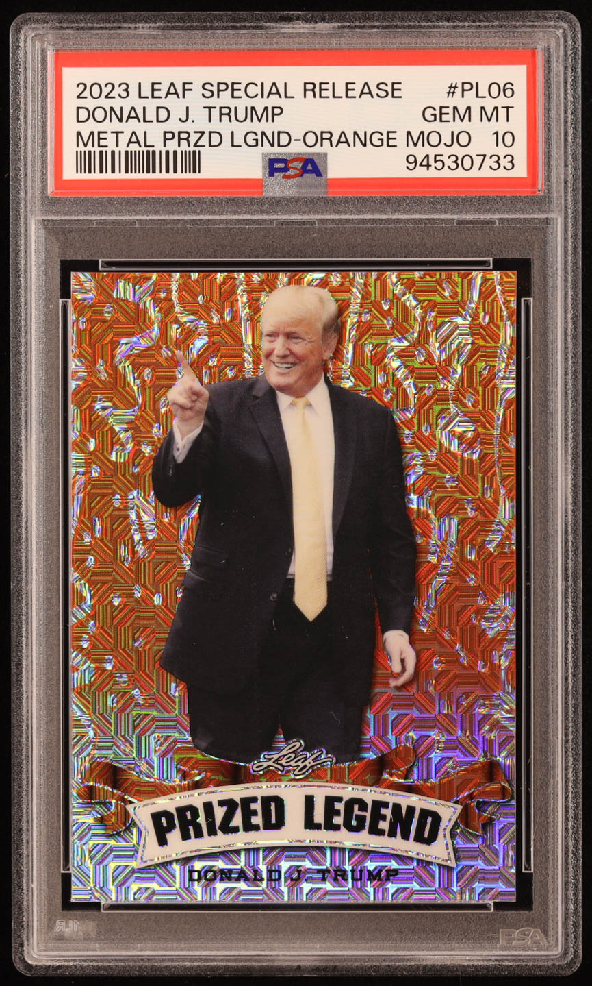 Donald J. Trump 2023 Leaf Metal Special Release Prized Legend Mojo Orange #PL06 #1/3 (PSA 10) at PristineAuction.com Donald J. Trump 2023 Leaf Metal Special Release Prized Legend Mojo Orange #PL06 #1/3 (PSA 10) at PristineAuction.com