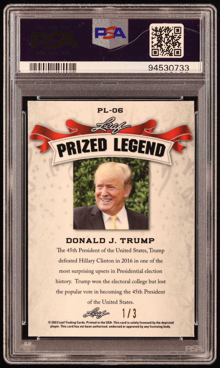 Donald J. Trump 2023 Leaf Metal Special Release Prized Legend Mojo Orange #PL06 #1/3 (PSA 10) at PristineAuction.com Donald J. Trump 2023 Leaf Metal Special Release Prized Legend Mojo Orange #PL06 #1/3 (PSA 10) at PristineAuction.com