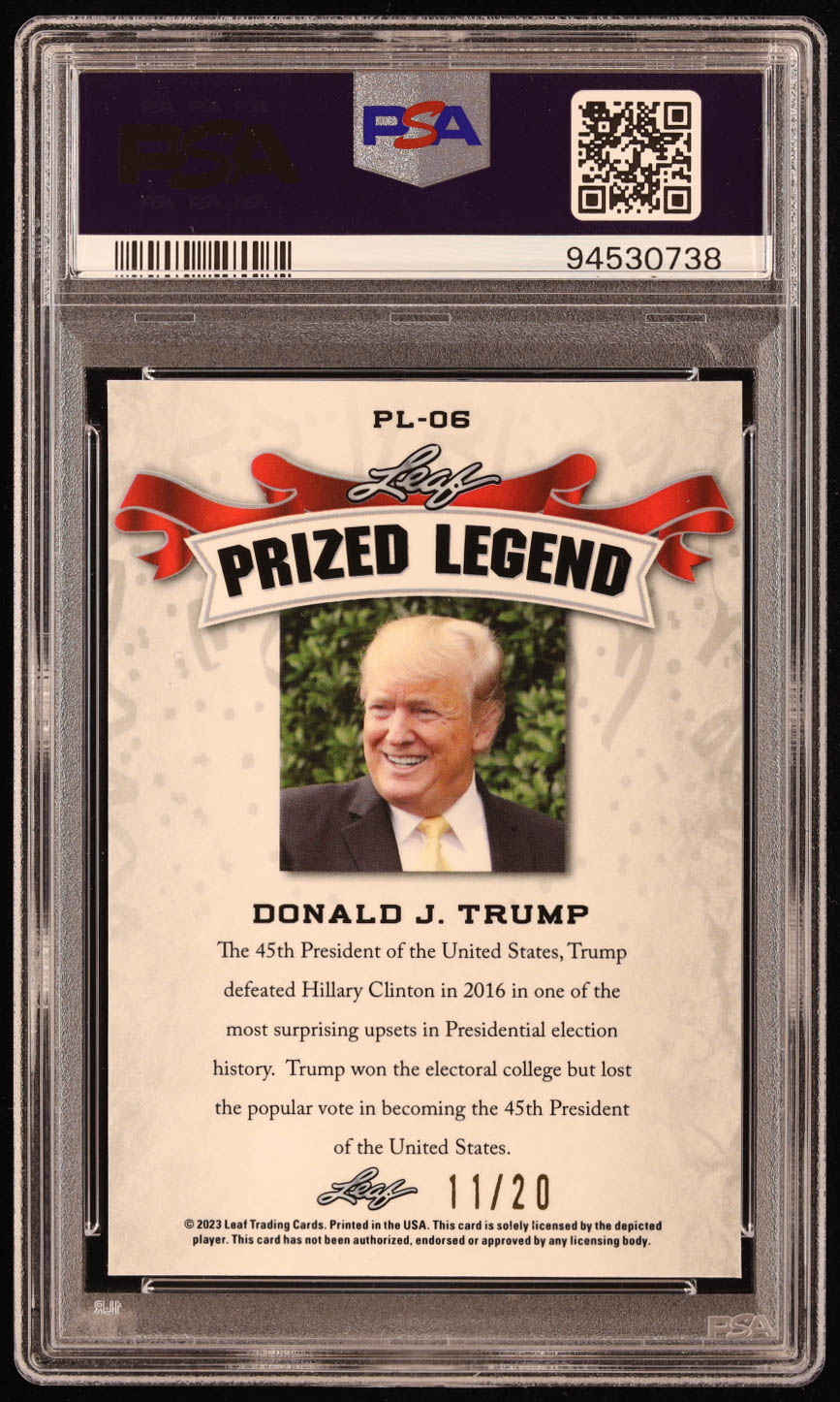 Donald J. Trump 2023 Leaf Metal Special Release Prized Legend Mojo Blue #PL06 #11/20 (PSA 9) at PristineAuction.com Donald J. Trump 2023 Leaf Metal Special Release Prized Legend Mojo Blue #PL06 #11/20 (PSA 9) at PristineAuction.com