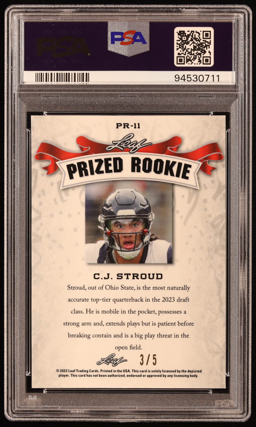 CJ Stroud 2023 Leaf Special Release Prized Rookie Mojo Green #PR11 #3/5 RC (PSA 8) at PristineAuction.com CJ Stroud 2023 Leaf Special Release Prized Rookie Mojo Green #PR11 #3/5 RC (PSA 8) at PristineAuction.com