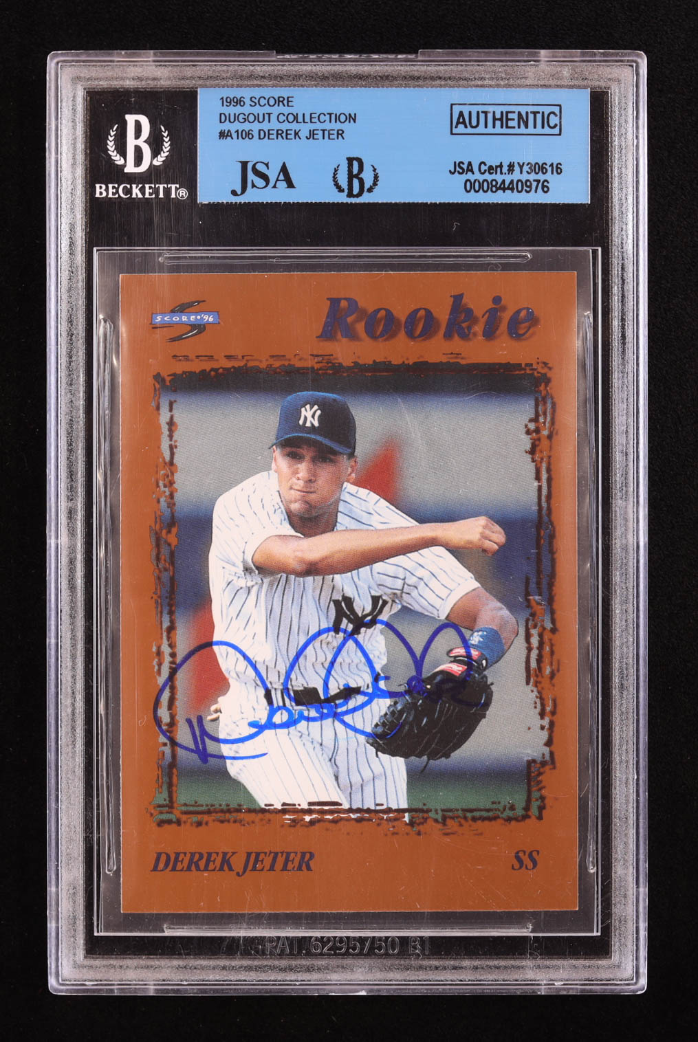 Derek Jeter Signed 1996 Score Dugout Collection #A106 RC (BGS) at PristineAuction.com Derek Jeter Signed 1996 Score Dugout Collection #A106 RC (BGS) at PristineAuction.com