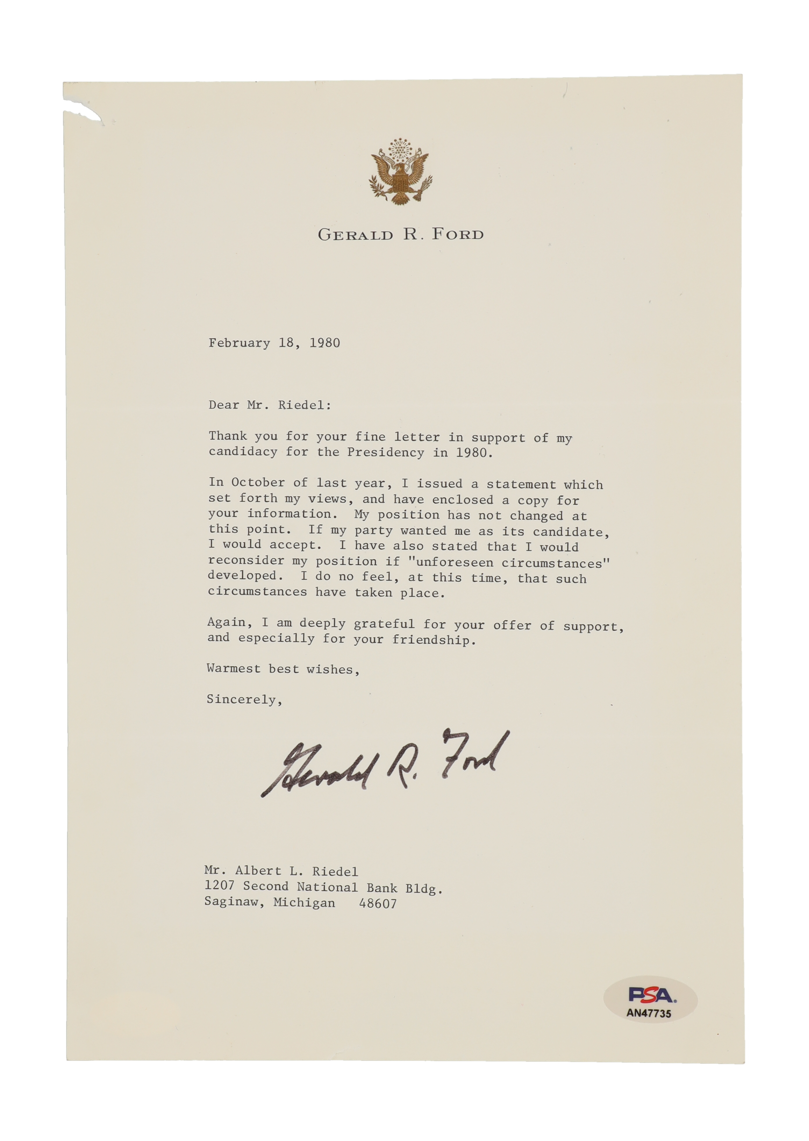 Gerald Ford Signed 1980 Personal Letterhead Typewritten Letter (PSA, JSA & RR) at PristineAuction.com Gerald Ford Signed 1980 Personal Letterhead Typewritten Letter (PSA, JSA & RR) at PristineAuction.com