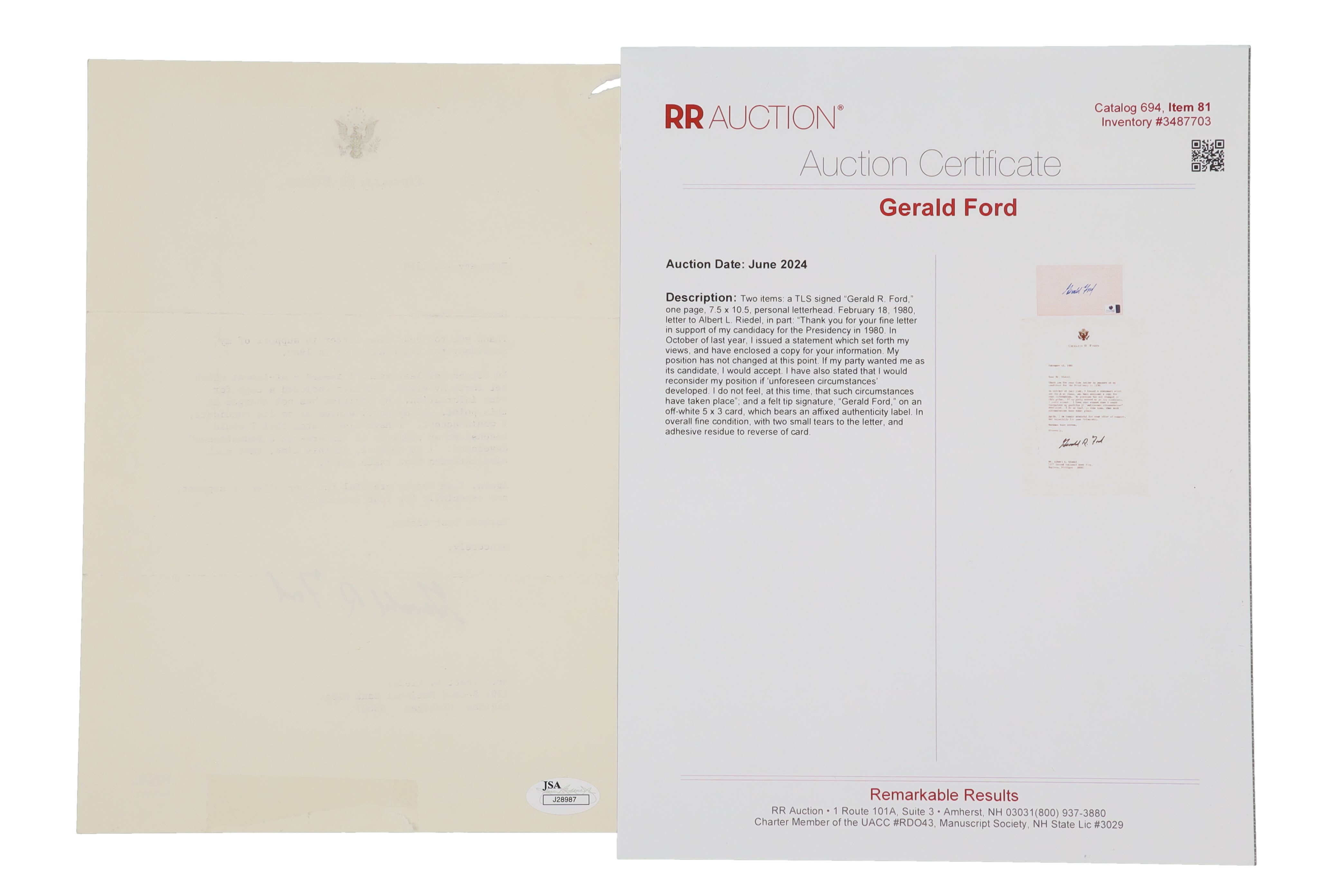 Gerald Ford Signed 1980 Personal Letterhead Typewritten Letter (PSA, JSA & RR) at PristineAuction.com Gerald Ford Signed 1980 Personal Letterhead Typewritten Letter (PSA, JSA & RR) at PristineAuction.com