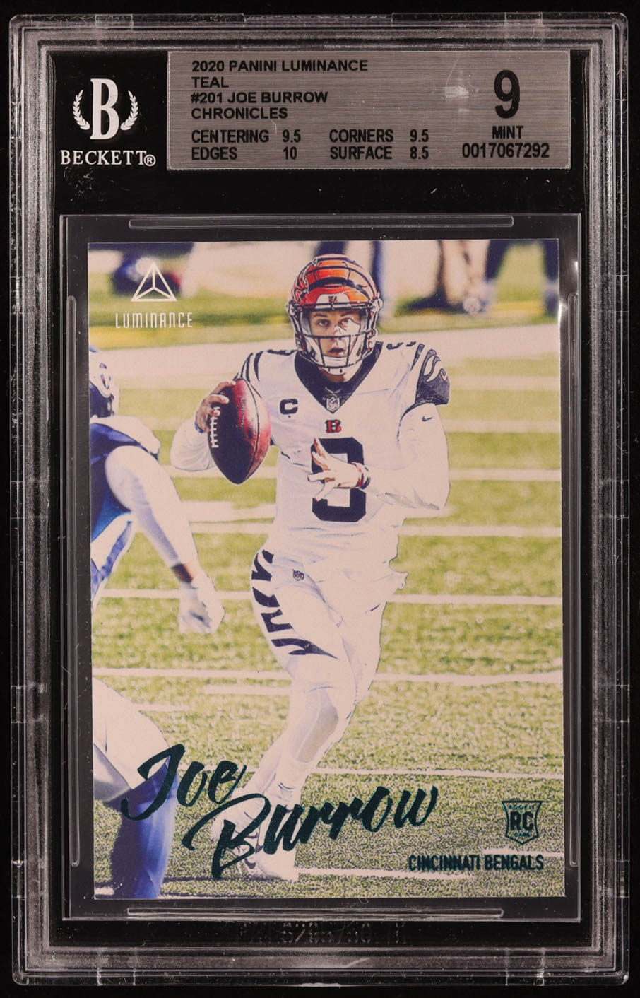 Joe Burrow 2020 Panini Luminance Teal #201 RC / CHRONICLES (BGS 9) at PristineAuction.com Joe Burrow 2020 Panini Luminance Teal #201 RC / CHRONICLES (BGS 9) at PristineAuction.com