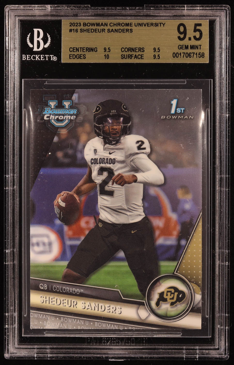 Shedeur Sanders 2023 Bowman Chrome University #16 RC (BGS 9.5) at PristineAuction.com Shedeur Sanders 2023 Bowman Chrome University #16 RC (BGS 9.5) at PristineAuction.com