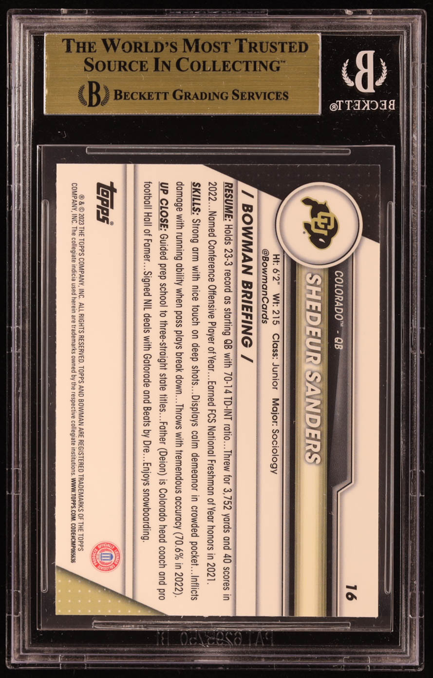 Shedeur Sanders 2023 Bowman Chrome University #16 RC (BGS 9.5) at PristineAuction.com Shedeur Sanders 2023 Bowman Chrome University #16 RC (BGS 9.5) at PristineAuction.com