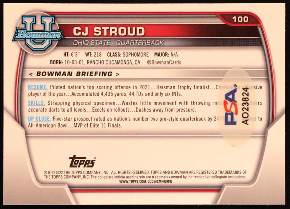 CJ Stroud Signed 2022 Bowman Chrome University #100 RC (PSA) at PristineAuction.com CJ Stroud Signed 2022 Bowman Chrome University #100 RC (PSA) at PristineAuction.com