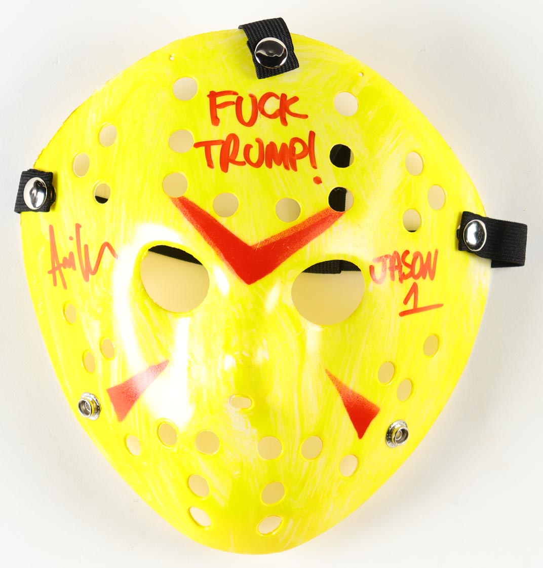 Ari Lehman Signed "Friday the 13th" Mask Inscribed "F*** Trump!" & "Jason 1" (JSA) at PristineAuction.com Ari Lehman Signed "Friday the 13th" Mask Inscribed "F*** Trump!" & "Jason 1" (JSA) at PristineAuction.com
