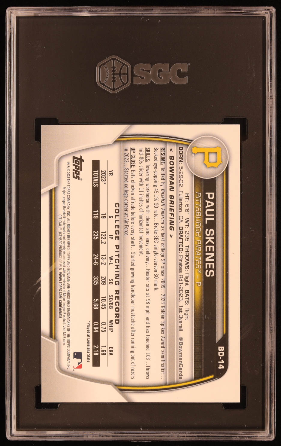 Paul Skenes 2023 Bowman Draft #BD14 RC (SGC 9.5) at PristineAuction.com Paul Skenes 2023 Bowman Draft #BD14 RC (SGC 9.5) at PristineAuction.com