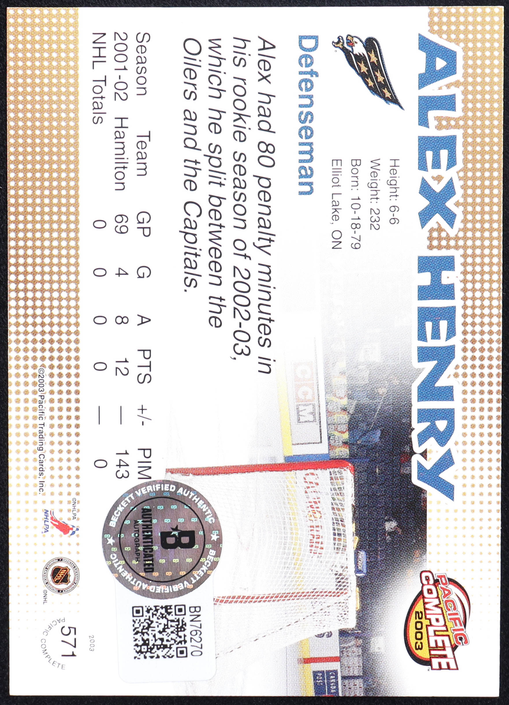Alex Henry Signed 2003 Pacific Complete #571 (Beckett) at PristineAuction.com Alex Henry Signed 2003 Pacific Complete #571 (Beckett) at PristineAuction.com