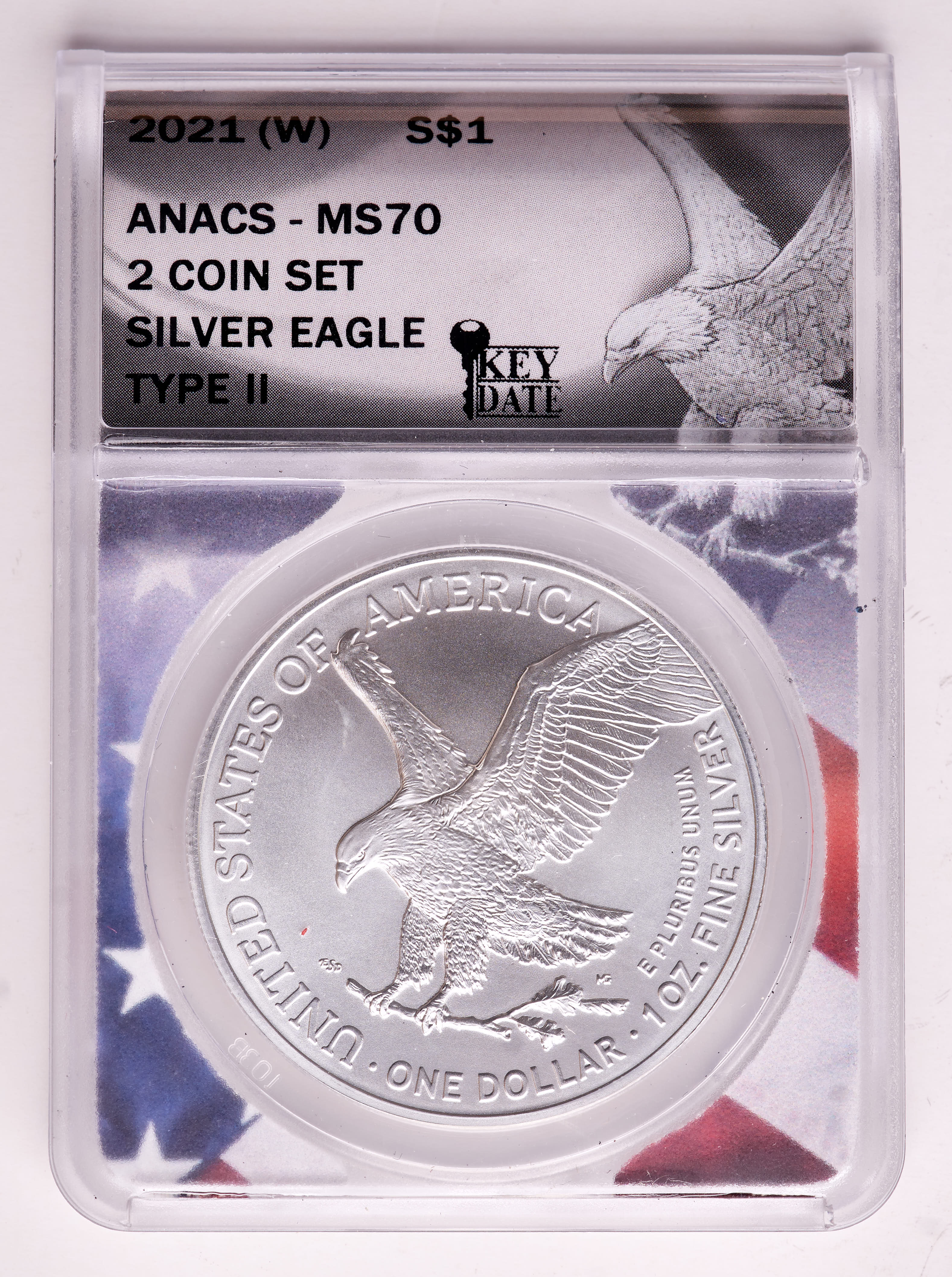 2021-(W) American Silver Eagle 1oz .999 Fine Silver $1 Coin Type 1 Struck at West Point Flag Frame Holder (ANACS MS70) at PristineAuction.com 2021-(W) American Silver Eagle 1oz .999 Fine Silver $1 Coin Type 1 Struck at West Point Flag Frame Holder (ANACS MS70) at PristineAuction.com