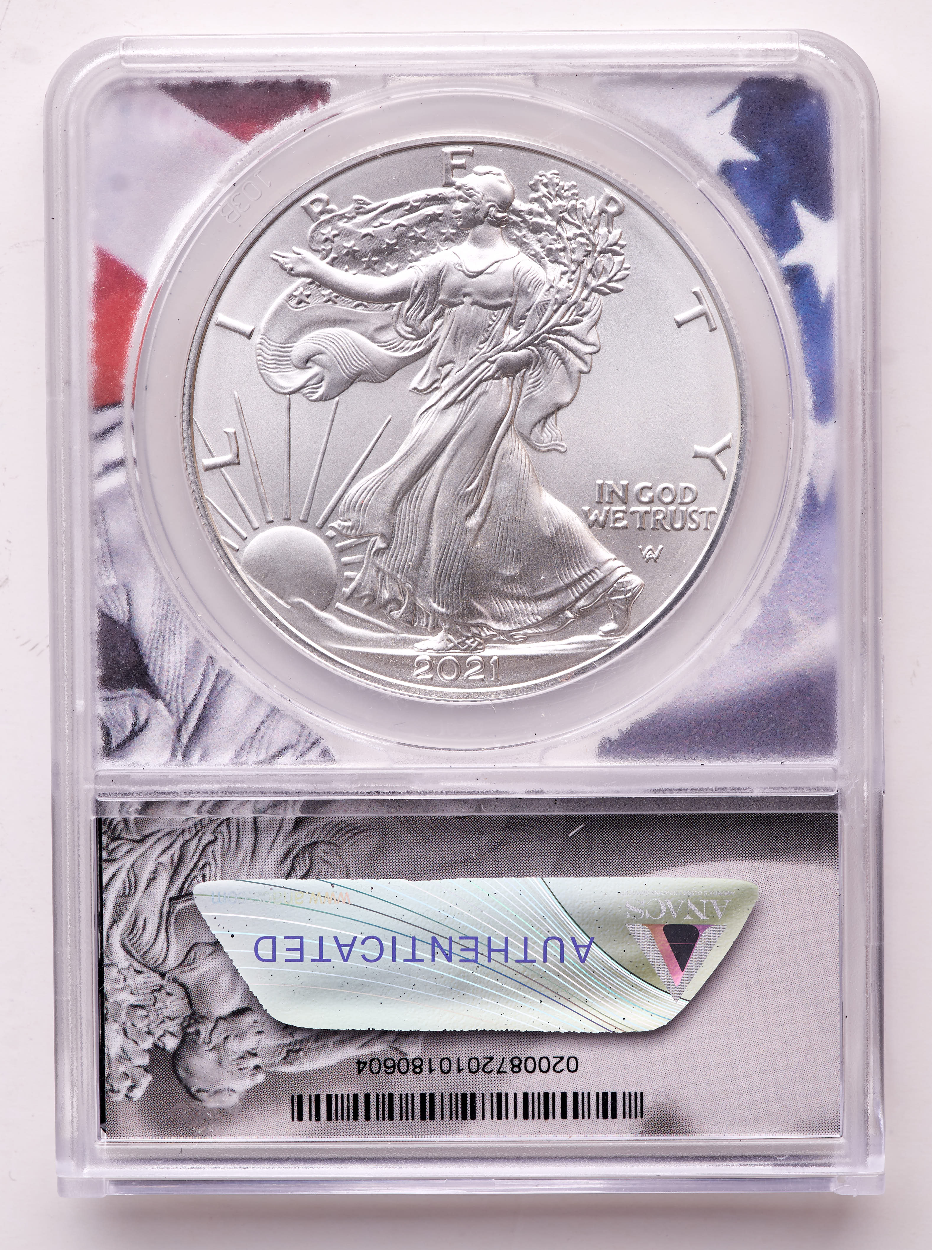 2021-(W) American Silver Eagle 1oz .999 Fine Silver $1 Coin Type 1 Struck at West Point Flag Frame Holder (ANACS MS70) at PristineAuction.com 2021-(W) American Silver Eagle 1oz .999 Fine Silver $1 Coin Type 1 Struck at West Point Flag Frame Holder (ANACS MS70) at PristineAuction.com