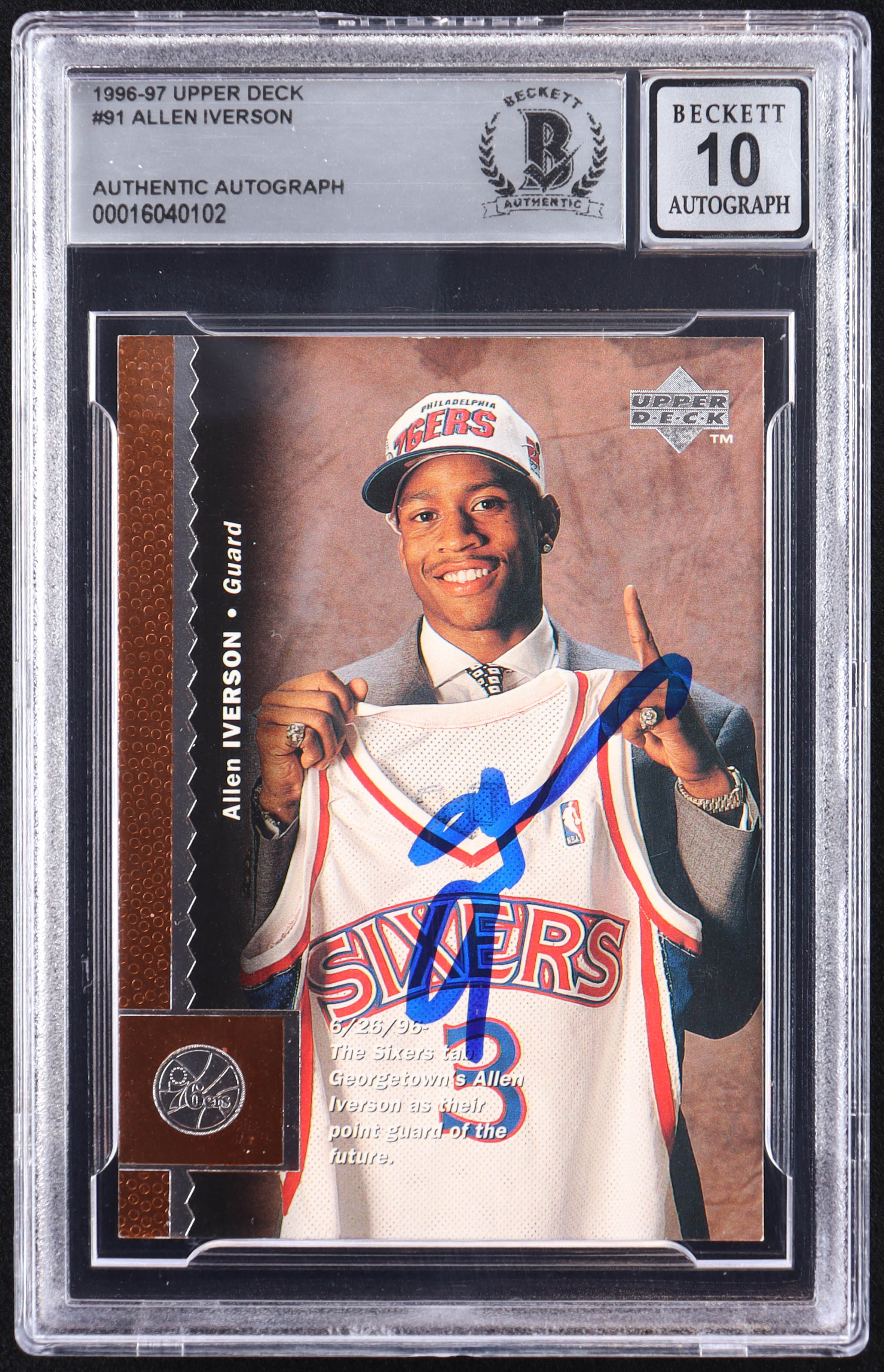 Allen Iverson Signed 1996-97 Upper Deck #91 RC (BGS | Auto 10) at PristineAuction.com Allen Iverson Signed 1996-97 Upper Deck #91 RC (BGS | Auto 10) at PristineAuction.com