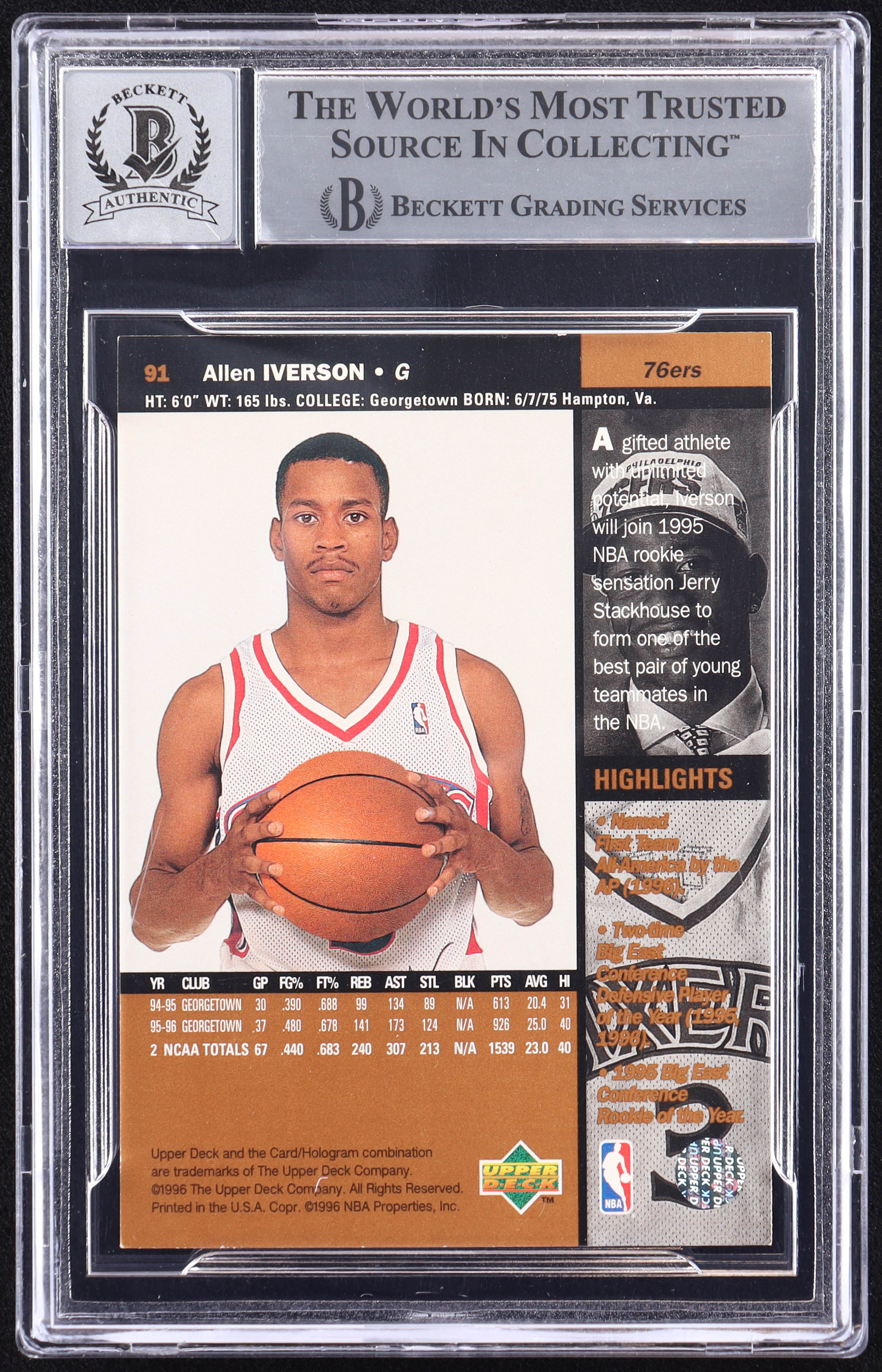 Allen Iverson Signed 1996-97 Upper Deck #91 RC (BGS | Auto 10) at PristineAuction.com Allen Iverson Signed 1996-97 Upper Deck #91 RC (BGS | Auto 10) at PristineAuction.com