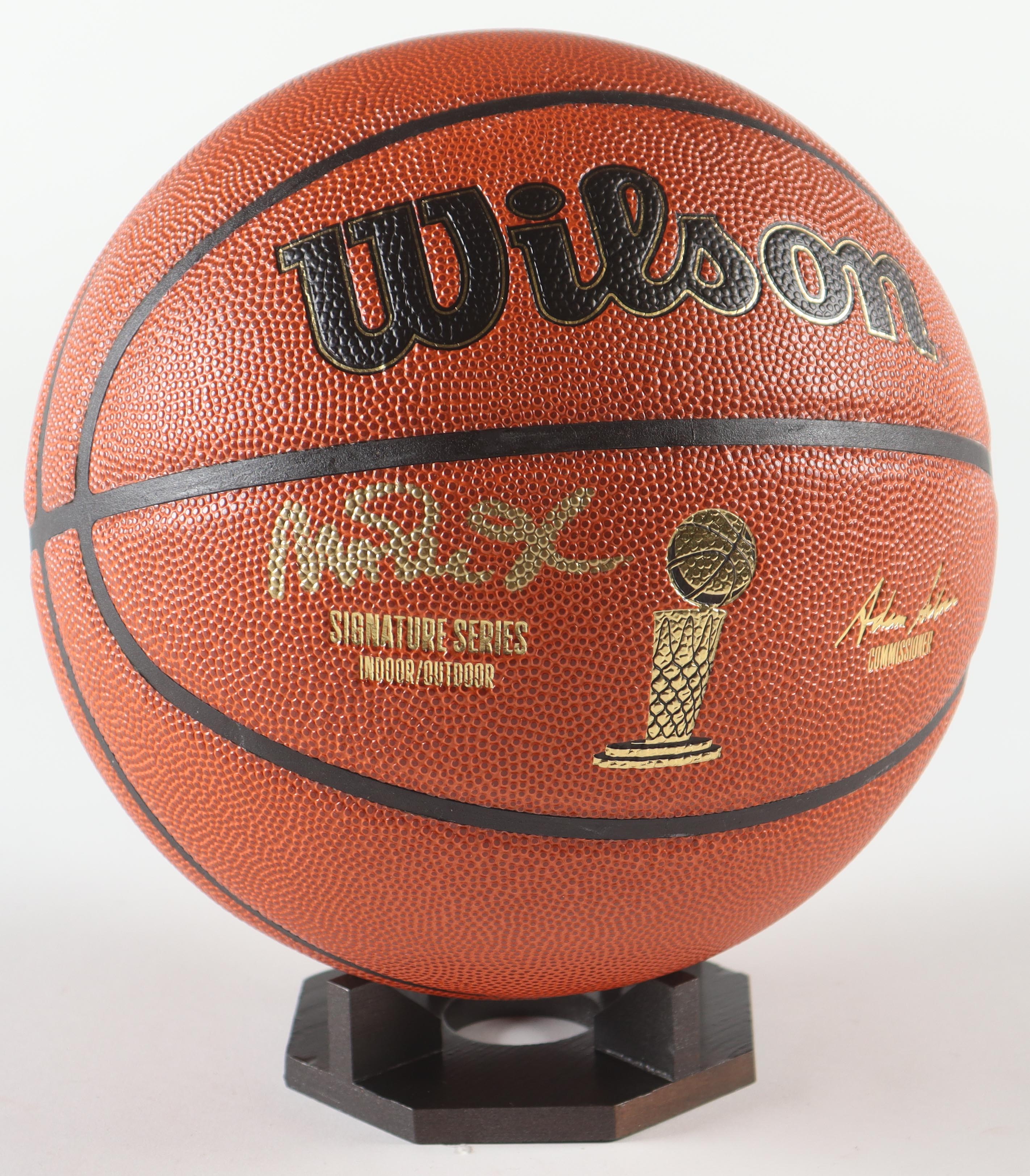 Magic Johnson Signed NBA Finals Trophy Basketball With Wood Display Stand (Beckett) at PristineAuction.com Magic Johnson Signed NBA Finals Trophy Basketball With Wood Display Stand (Beckett) at PristineAuction.com