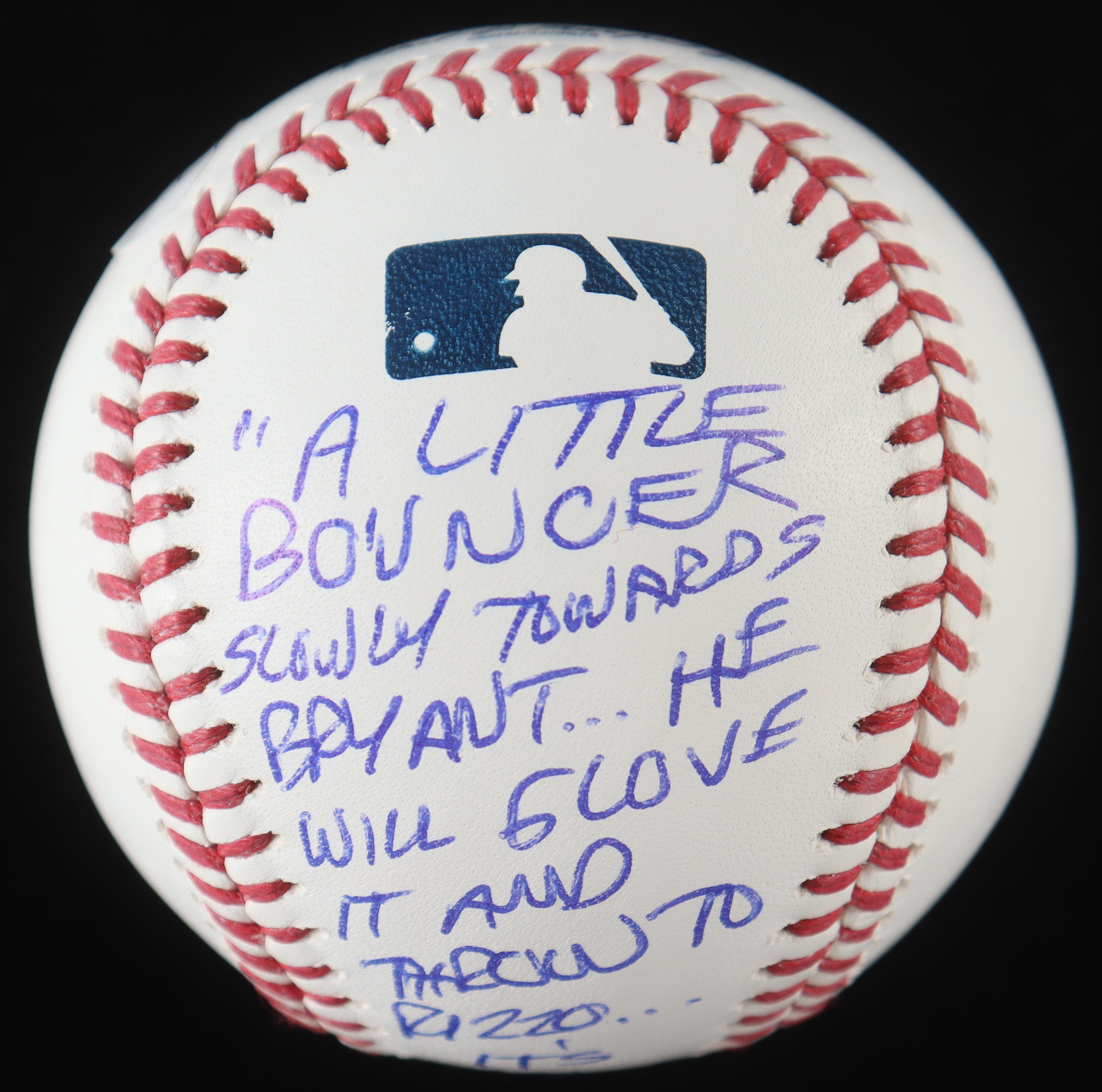 Pat Hughes Signed OML Baseball with Extensive Inscription from 2016 Cubs World Series Final Out Call (JSA) at PristineAuction.com Pat Hughes Signed OML Baseball with Extensive Inscription from 2016 Cubs World Series Final Out Call (JSA) at PristineAuction.com