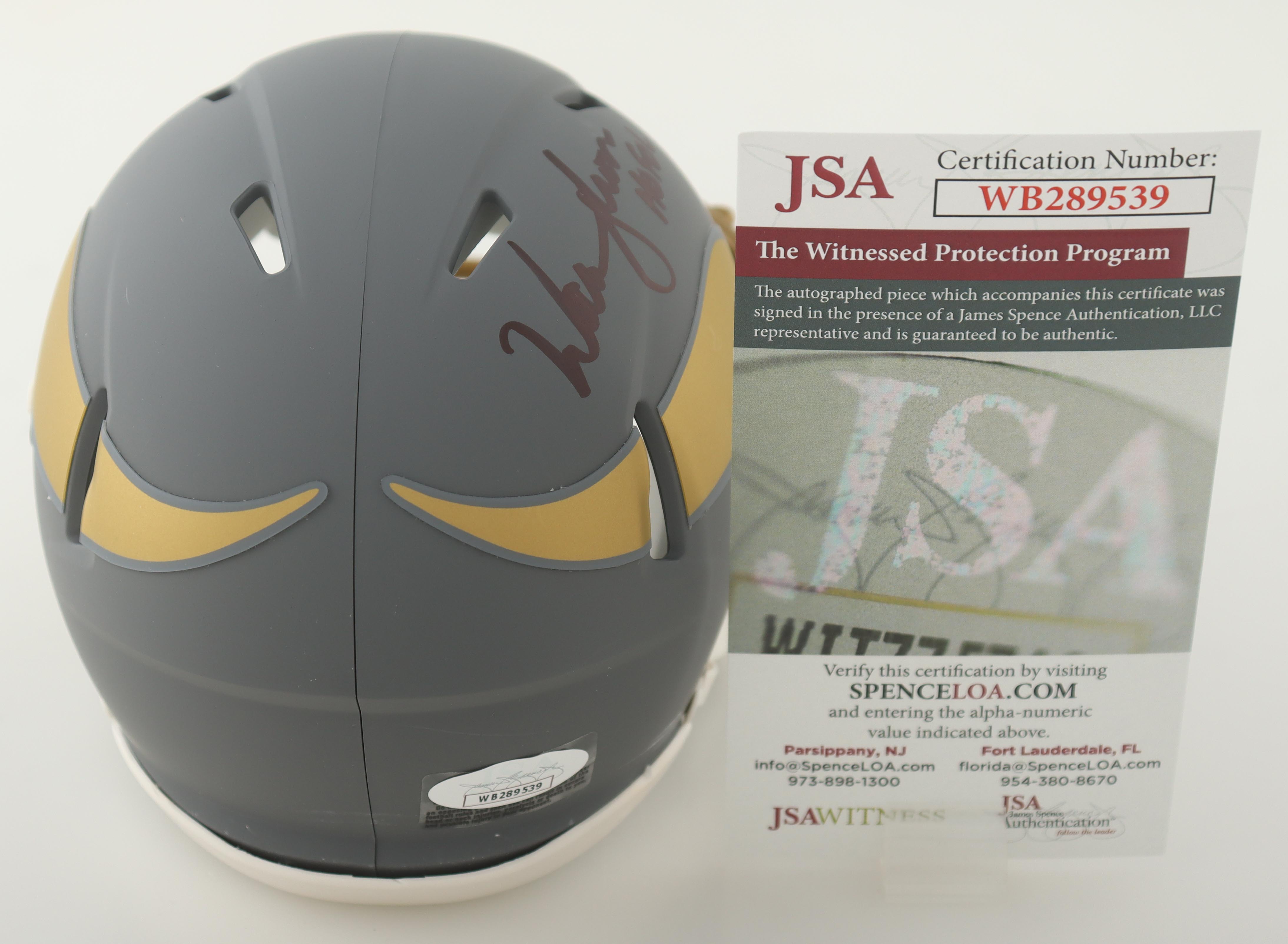 Warren Moon Signed Vikings Slate Alternate Speed Mini Helmet Inscribed "HOF 06" (JSA) at PristineAuction.com Warren Moon Signed Vikings Slate Alternate Speed Mini Helmet Inscribed "HOF 06" (JSA) at PristineAuction.com