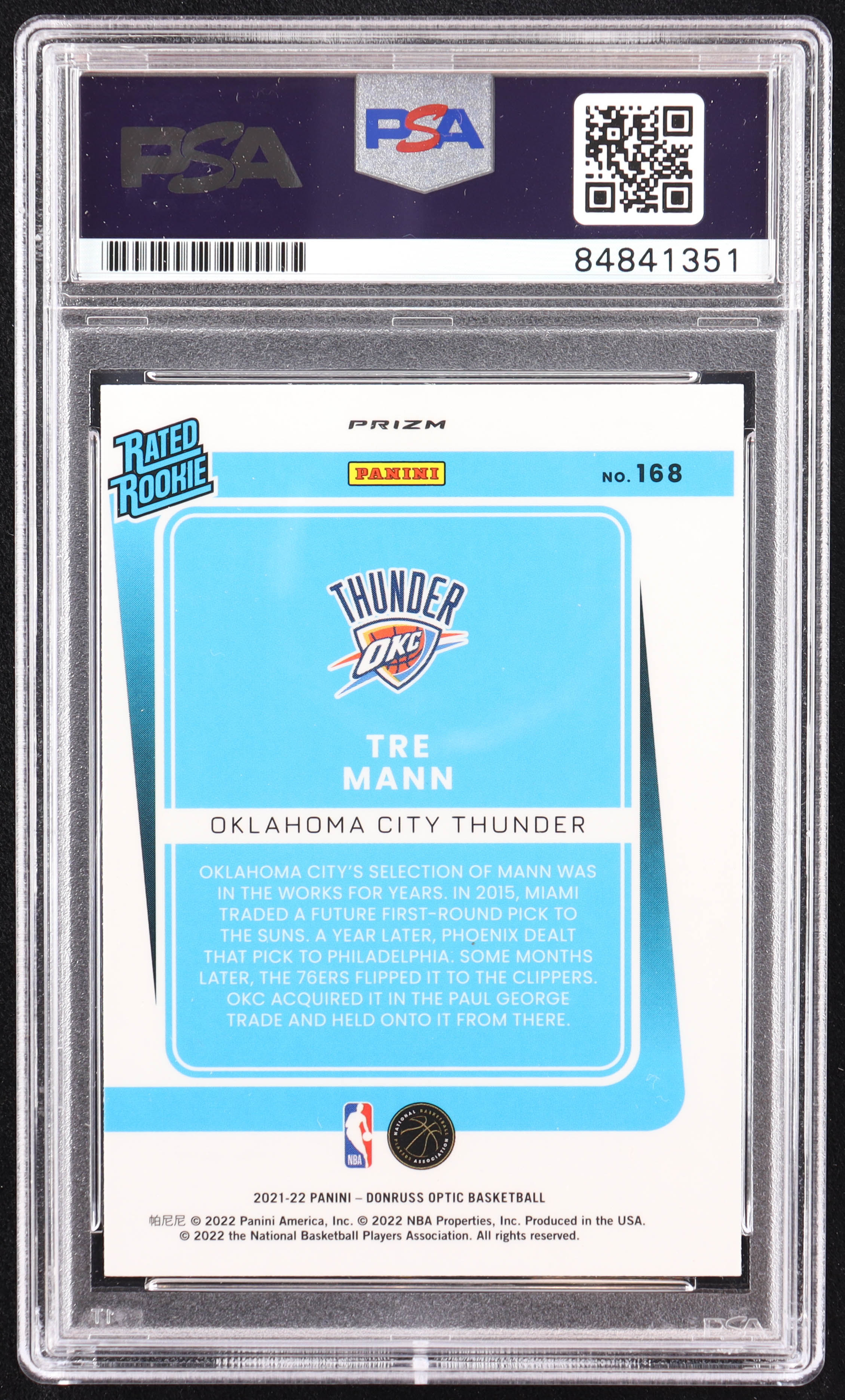 Tre Mann Signed 2021-22 Donruss Optic Holo #168 RC (PSA) at PristineAuction.com Tre Mann Signed 2021-22 Donruss Optic Holo #168 RC (PSA) at PristineAuction.com