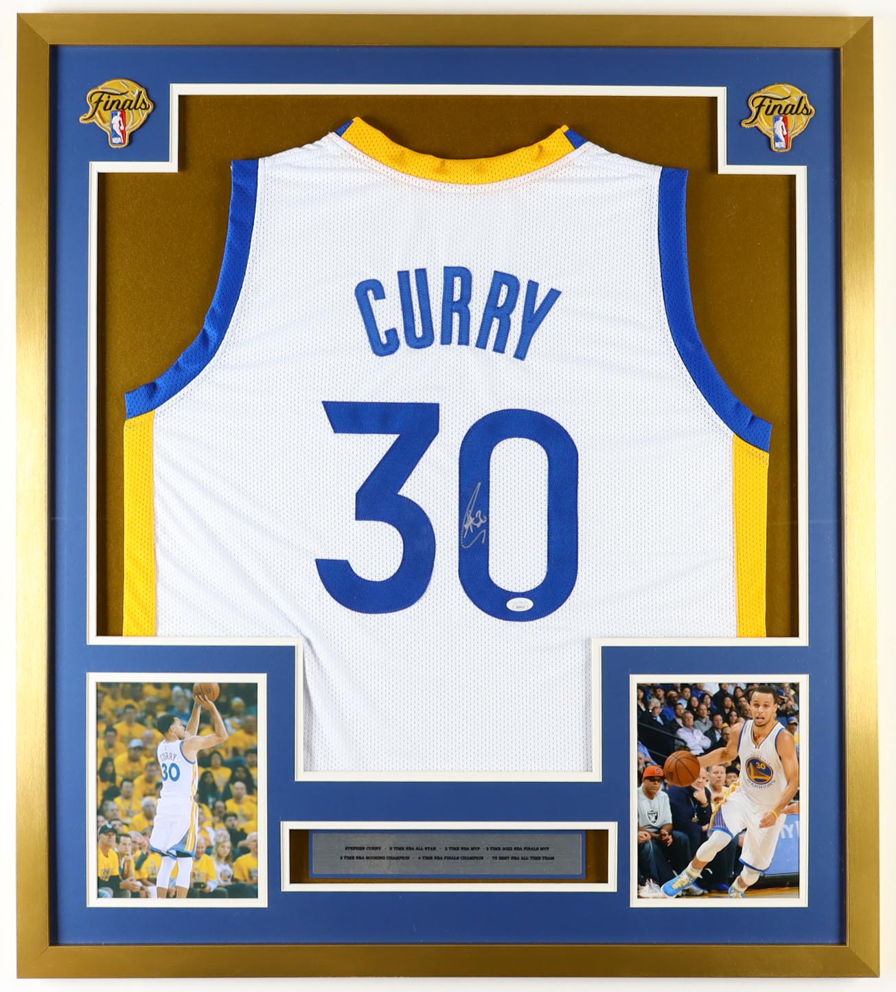 Stephen Curry Signed Custom Framed Jersey Display With (2) Finals Cloth Patches (JSA) at PristineAuction.com Stephen Curry Signed Custom Framed Jersey Display With (2) Finals Cloth Patches (JSA) at PristineAuction.com