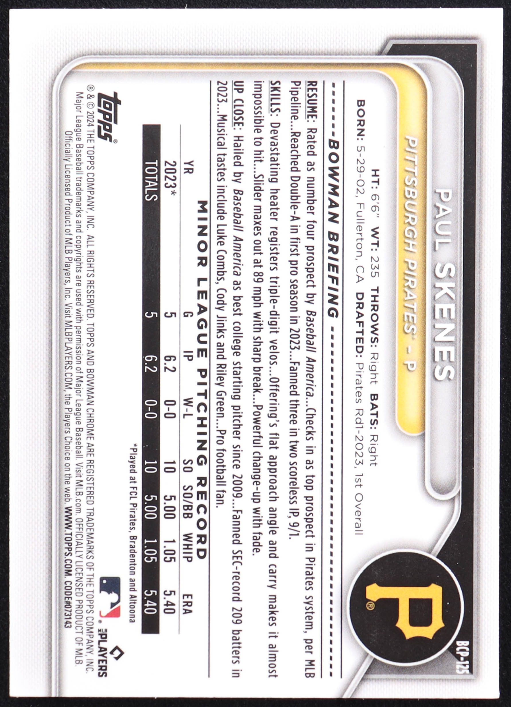 Paul Skenes 2024 Bowman Chrome Prospects #BCP125 RC at PristineAuction.com Paul Skenes 2024 Bowman Chrome Prospects #BCP125 RC at PristineAuction.com