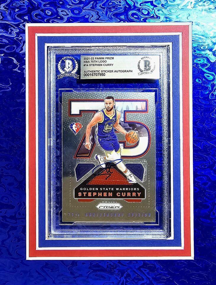 Stephen Curry Signed Warriors Custom Framed Nike Jersey LED Display Inscribed "3PT King" with 2018 Panini Prizm Silver #222 (BGS 9.5) & Signed Sticker on 2021-22 Panini Prizm NBA 75th Logo #14 (BGS) (JSA) at PristineAuction.com Stephen Curry Signed Warriors Custom Framed Nike Jersey LED Display Inscribed "3PT King" with 2018 Panini Prizm Silver #222 (BGS 9.5) & Signed Sticker on 2021-22 Panini Prizm NBA 75th Logo #14 (BGS) (JSA) at PristineAuction.com