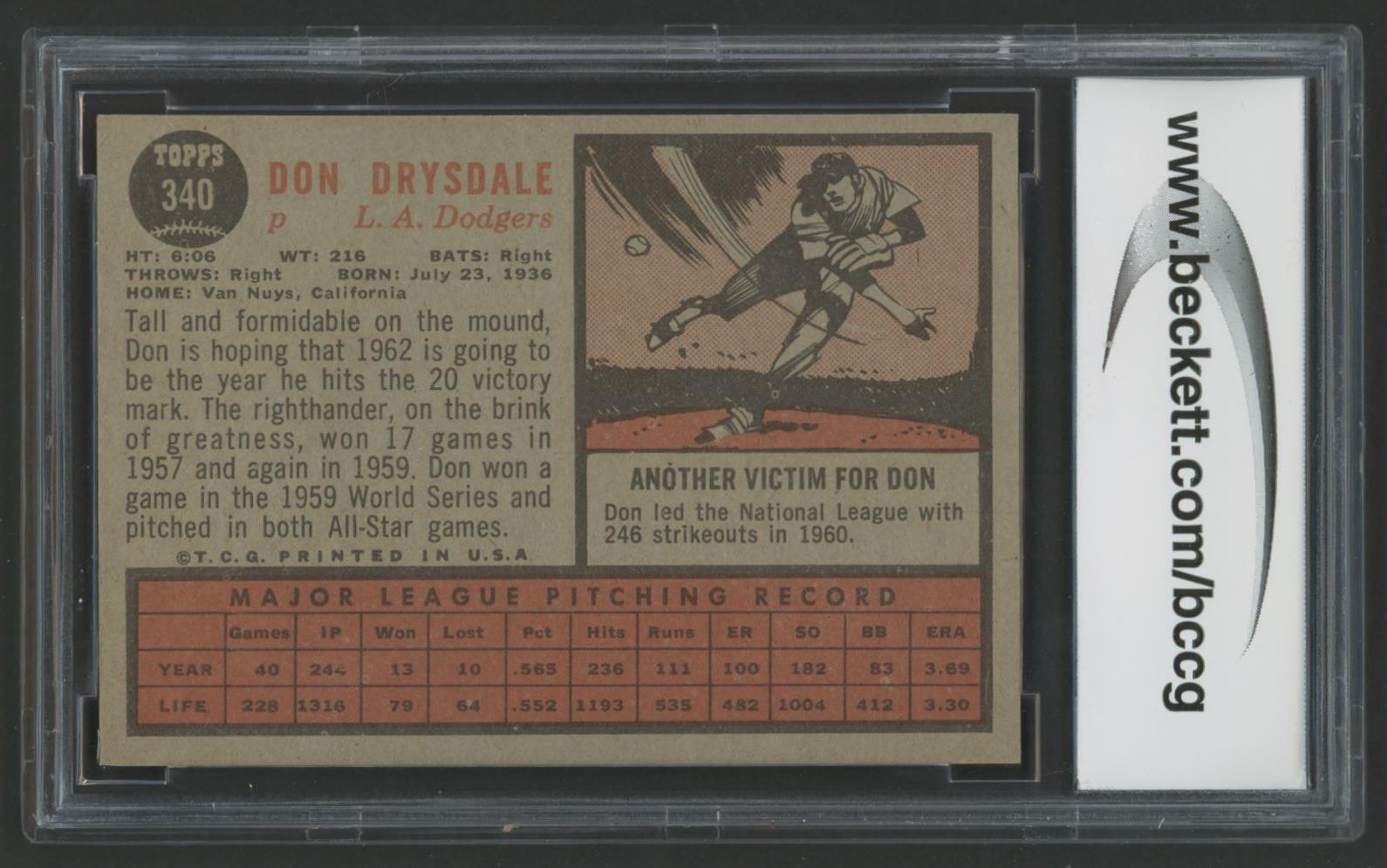 Don Drysdale 1962 Topps #340 (BCCG 9) at PristineAuction.com Don Drysdale 1962 Topps #340 (BCCG 9) at PristineAuction.com