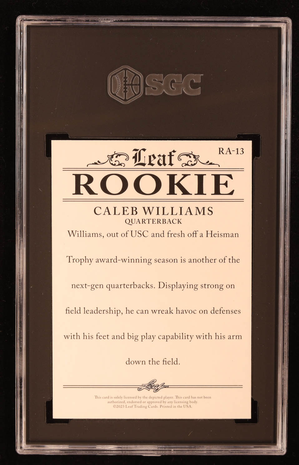 Caleb Williams 2023 Leaf Rookie Achievement Red #RA13 RC #/5 (SGC 9.5) at PristineAuction.com Caleb Williams 2023 Leaf Rookie Achievement Red #RA13 RC #/5 (SGC 9.5) at PristineAuction.com