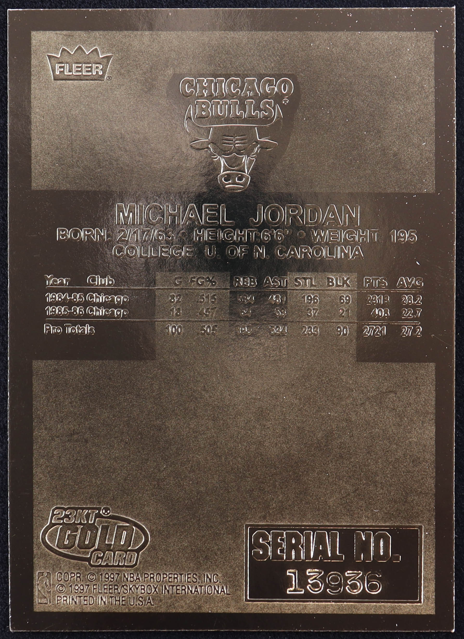 Michael Jordan 1997 Fleer Premier Signature Series 23Kt Gold Card #13936 at PristineAuction.com Michael Jordan 1997 Fleer Premier Signature Series 23Kt Gold Card #13936 at PristineAuction.com