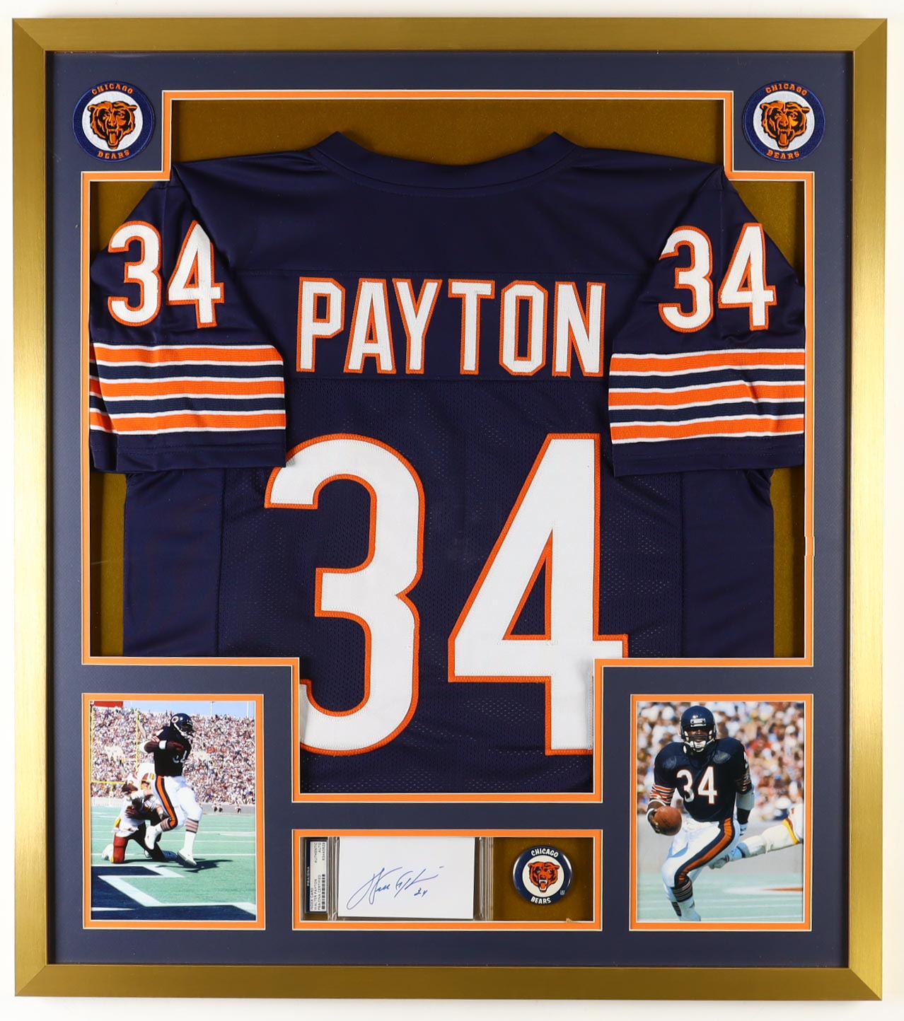 Walter Payton Signed Custom Framed Cut Display With Jersey, Vintage Team Logo Pin & (2) Cloth Team Logo Patches (PSA) at PristineAuction.com Walter Payton Signed Custom Framed Cut Display With Jersey, Vintage Team Logo Pin & (2) Cloth Team Logo Patches (PSA) at PristineAuction.com