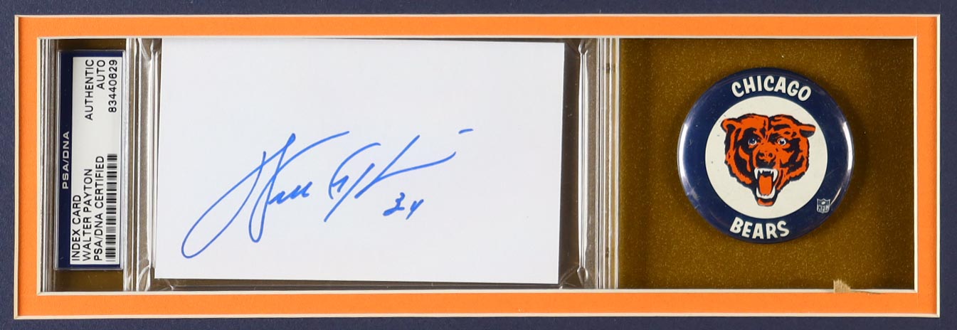 Walter Payton Signed Custom Framed Cut Display With Jersey, Vintage Team Logo Pin & (2) Cloth Team Logo Patches (PSA) at PristineAuction.com Walter Payton Signed Custom Framed Cut Display With Jersey, Vintage Team Logo Pin & (2) Cloth Team Logo Patches (PSA) at PristineAuction.com